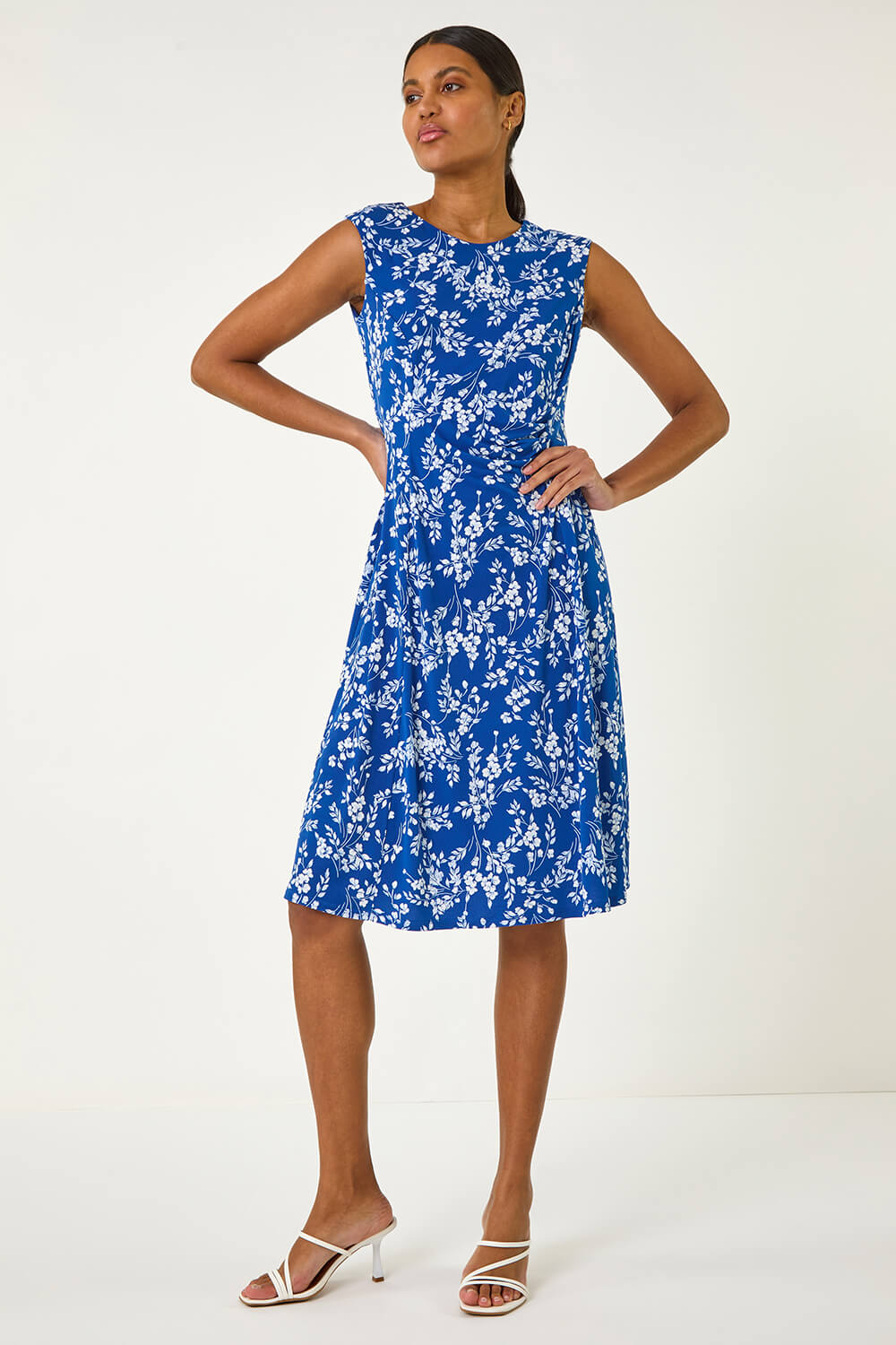 Royal Blue Floral Print Gathered Side Midi Dress, Image 3 of 5
