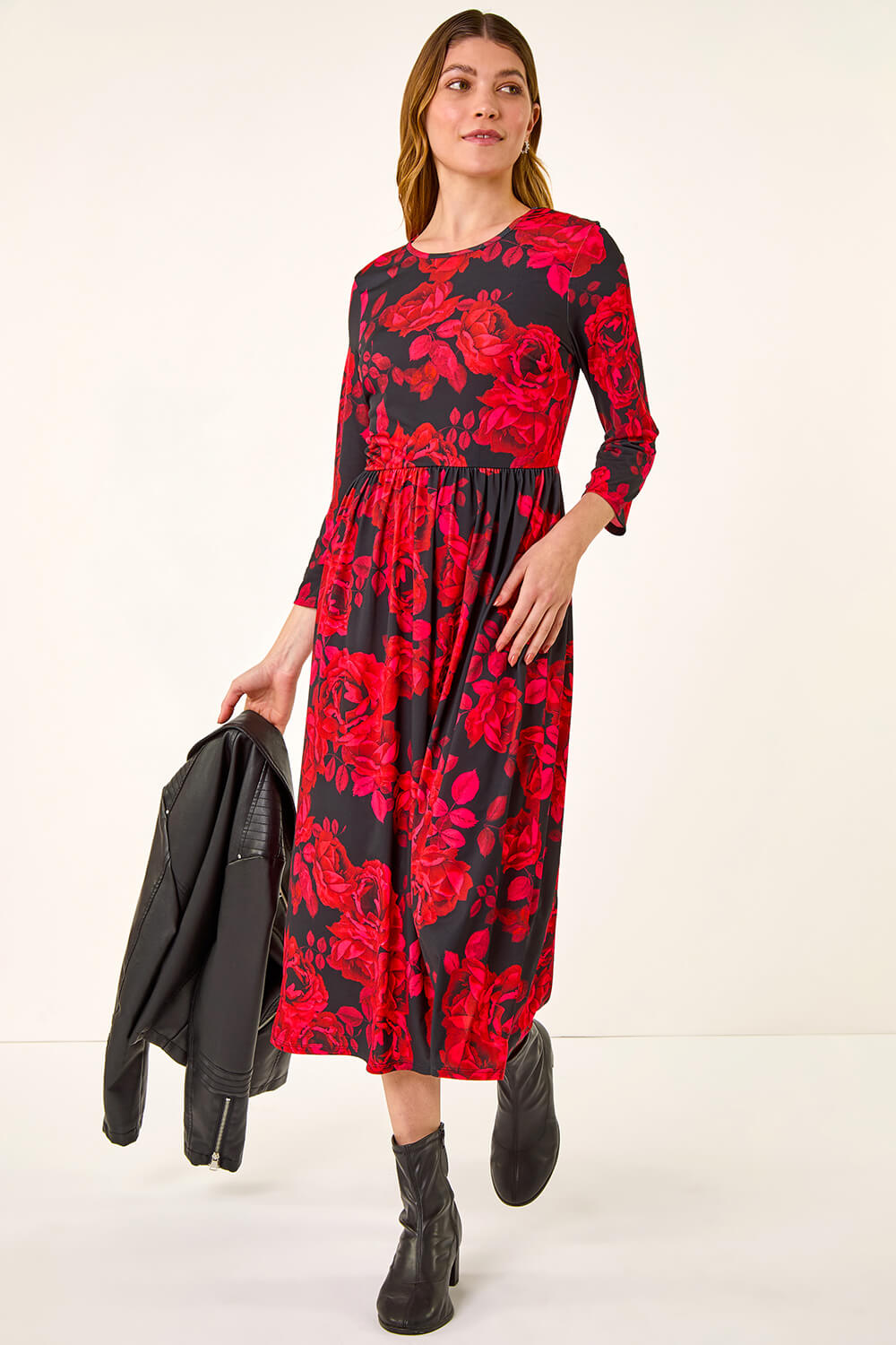 Red Rose Print Gathered Stretch Midi Dress, Image 3 of 5