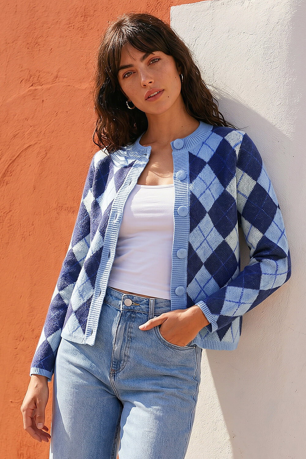 Blue Argyle Buttoned Knit Cardigan, Image 1 of 4