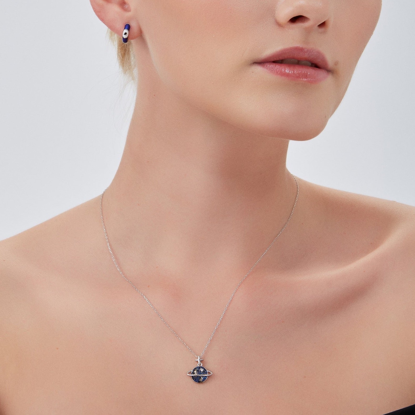 Silver Blue Saturn Jewelled Sterling Silver Necklace, Image 4 of 5