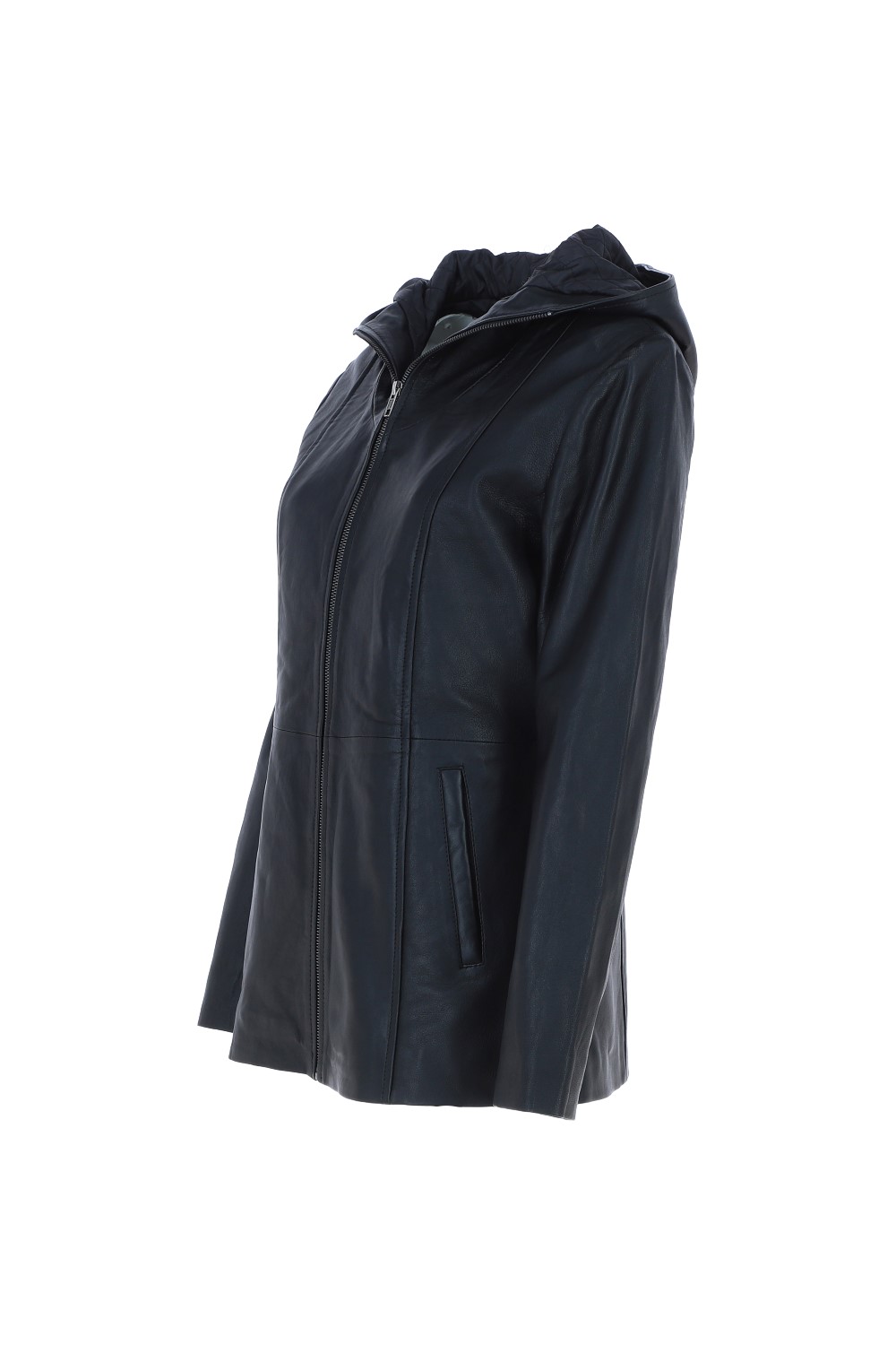 Black Real Leather Hooded Jacket with Fleece Lining, Image 3 of 6