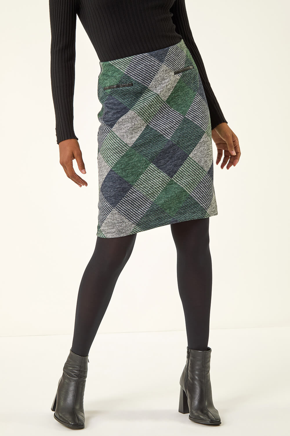 Green Check Print Pocket Stretch A line Skirt, Image 1 of 5