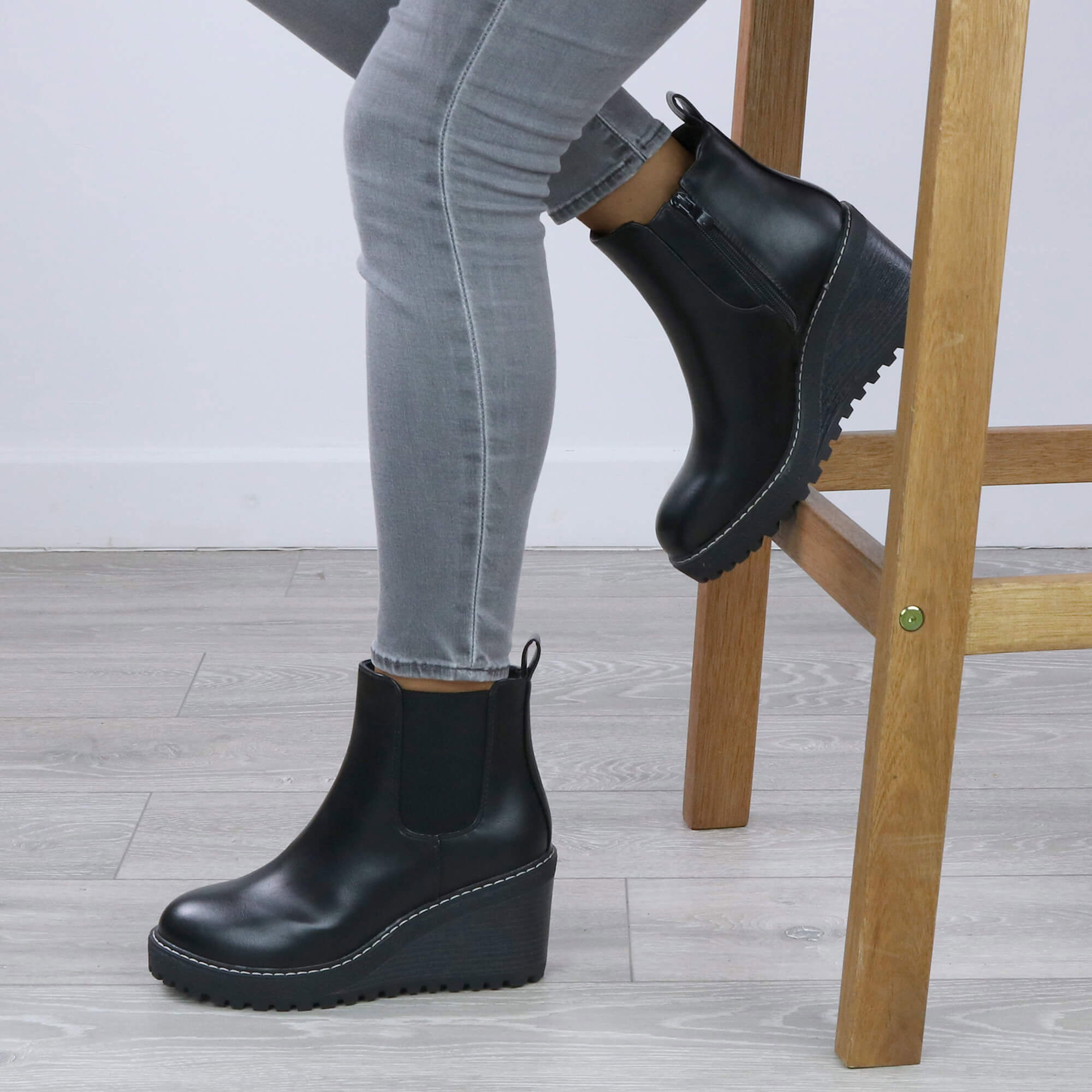 Black AJVANI Black High Wedge Heel Chelsea Ankle Boots, Image 5 of 6