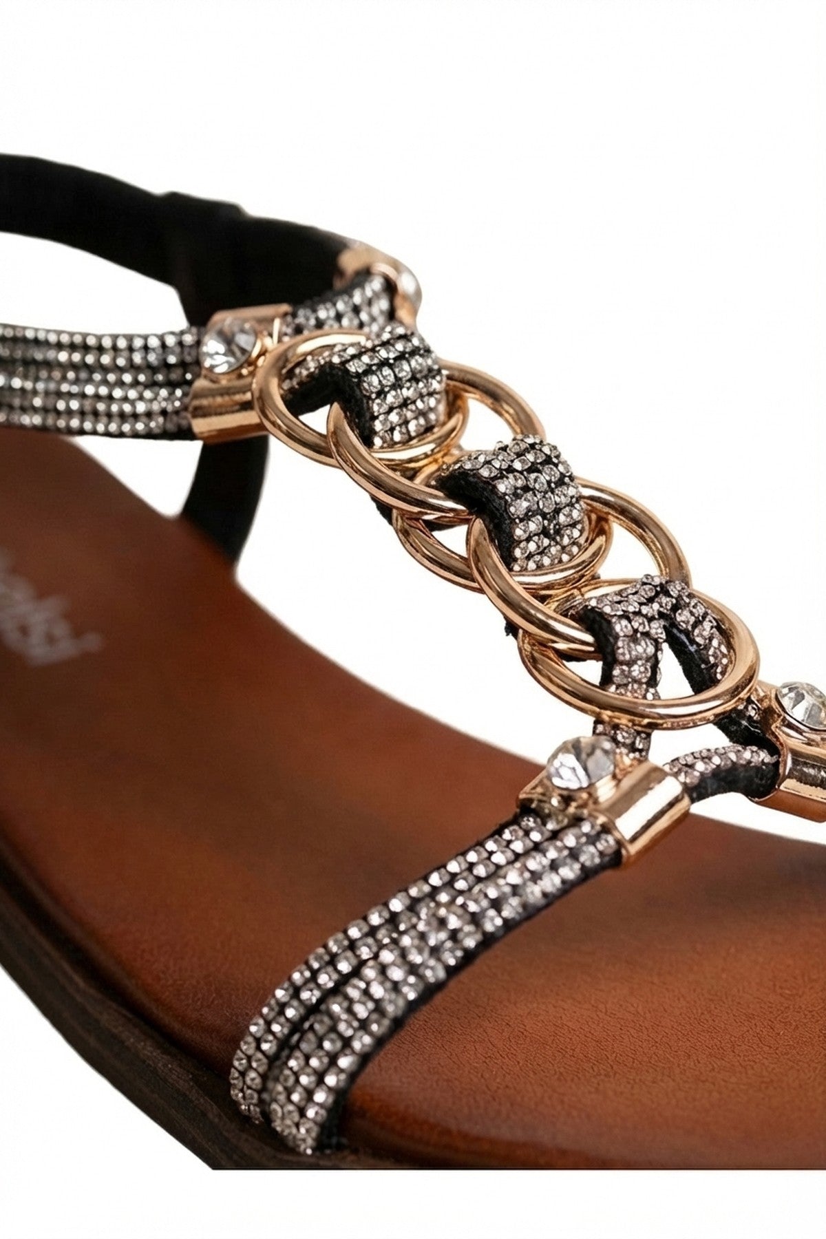 Black iKrush Black Grace Rhinestone Chain Flat Sandals, Image 2 of 8