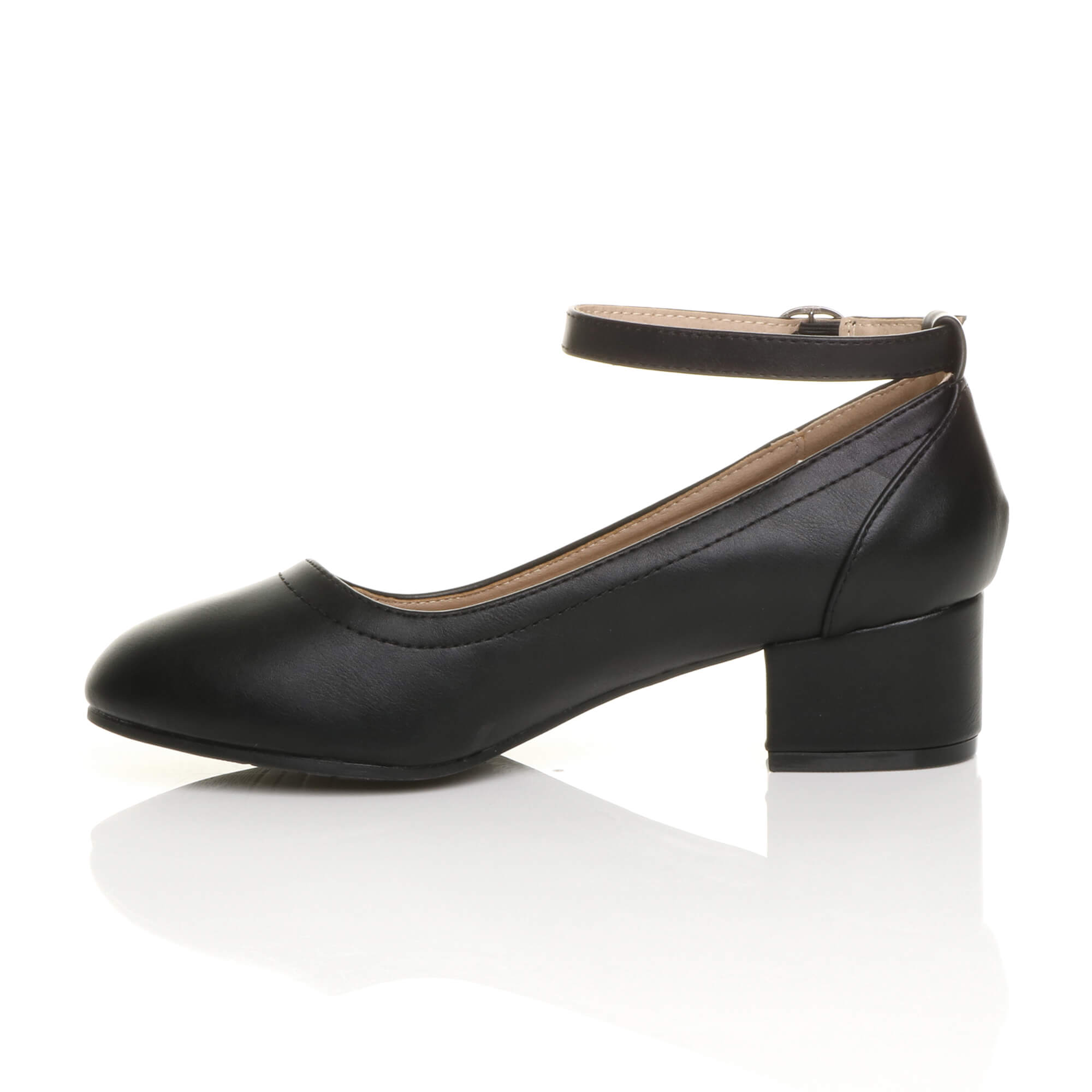 Black Low Block Heel Ankle Strap Court Shoes, Image 3 of 6