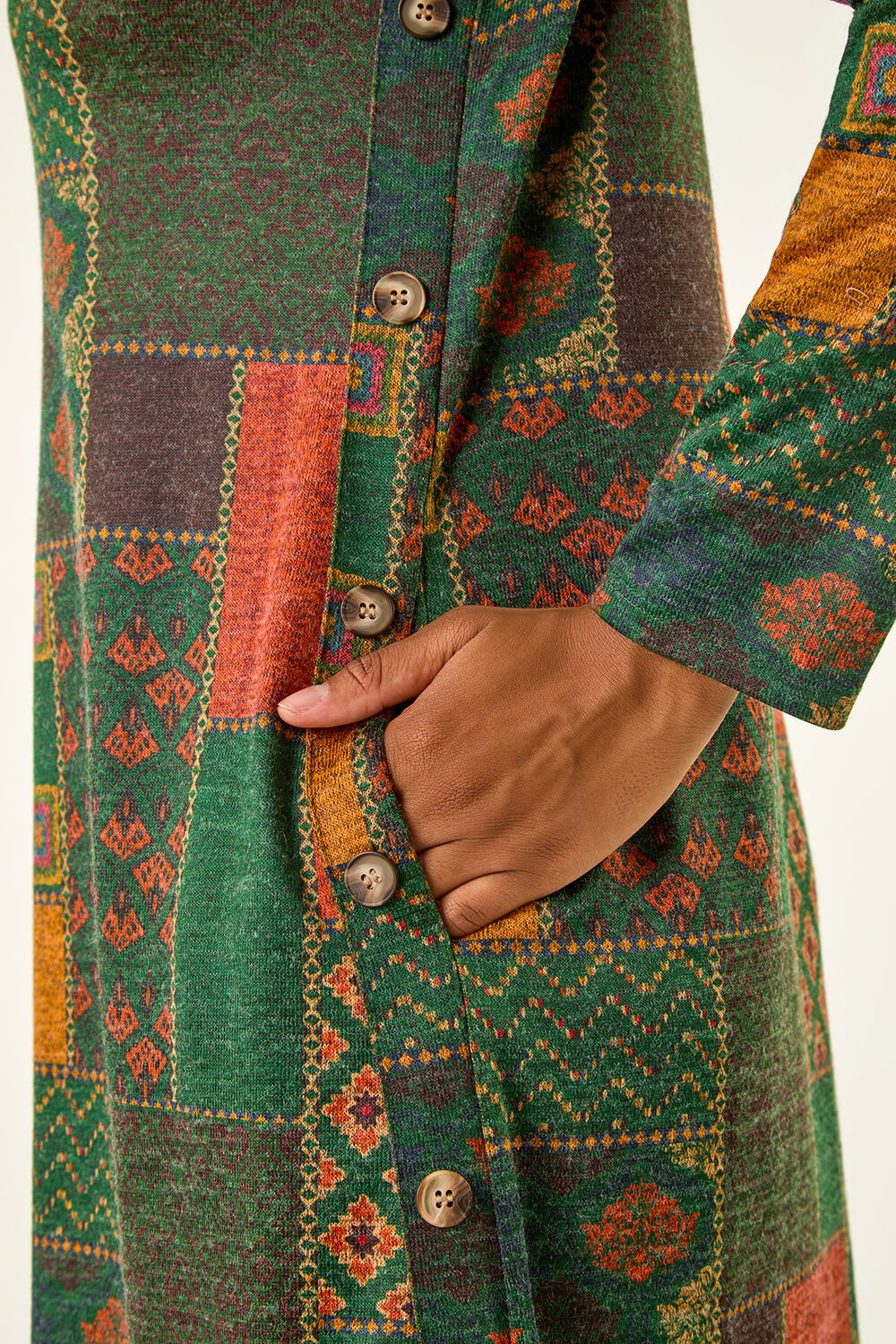 Green Patchwork Print Button Swing Dress, Image 6 of 5