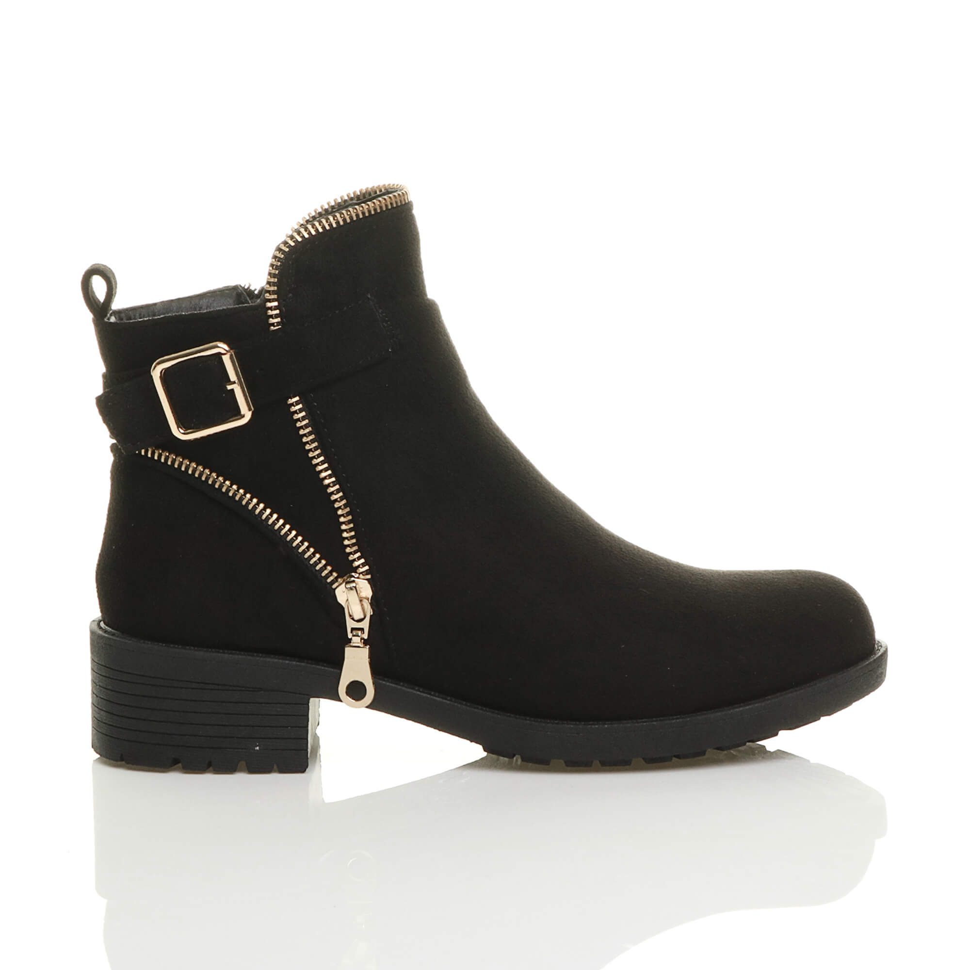 Black Low Heel Gold Zip Ankle Boots, Image 2 of 6