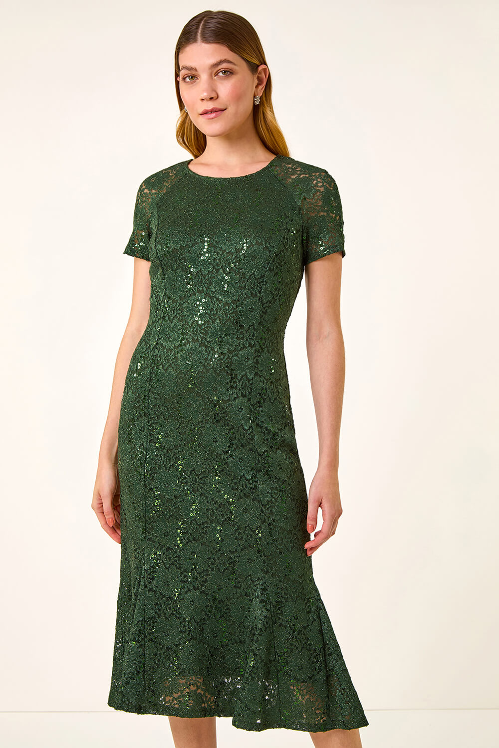 Green Leaf Lace Sequin Midi Dress, Image 5 of 5