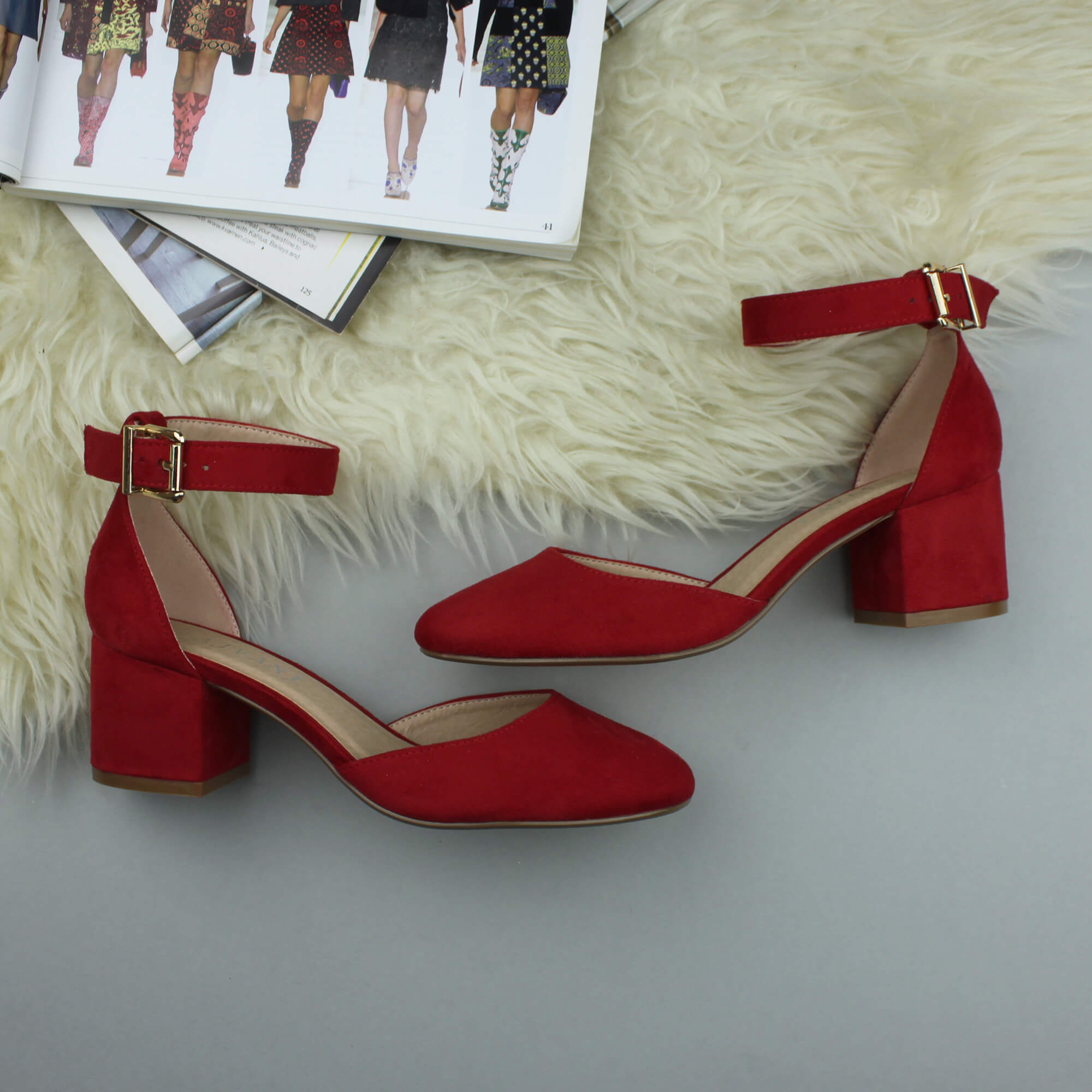 Red AJVANI Red Mid Block Heel Ankle Strap 2 Part Heels, Image 4 of 6