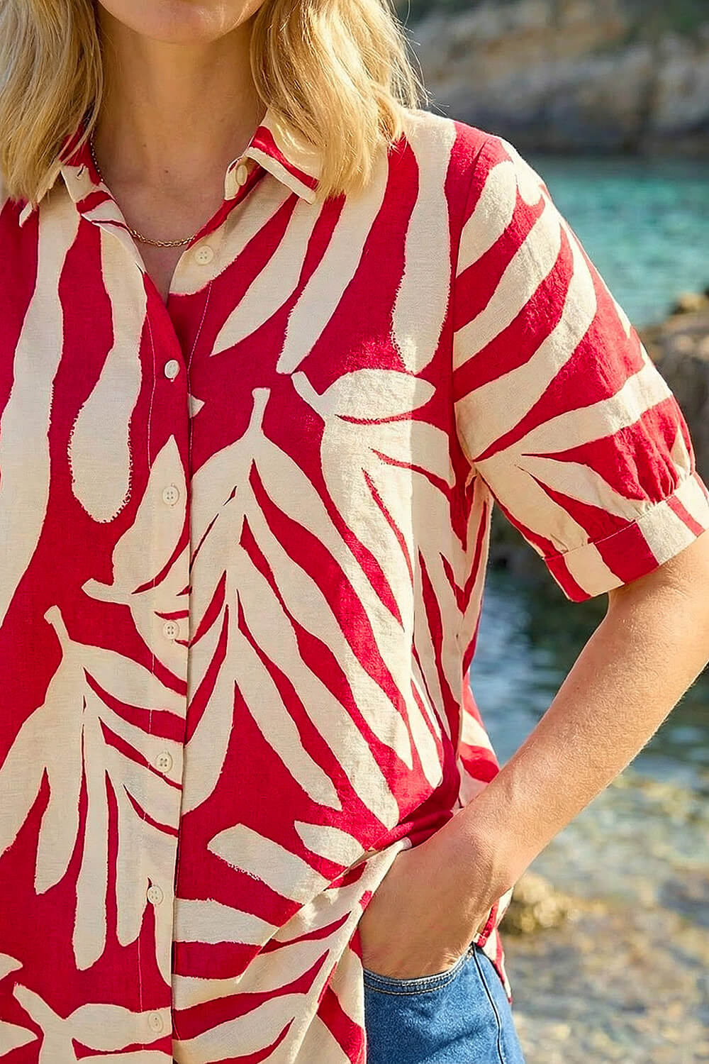 Red Abstract Print Collared Shirt, Image 5 of 4