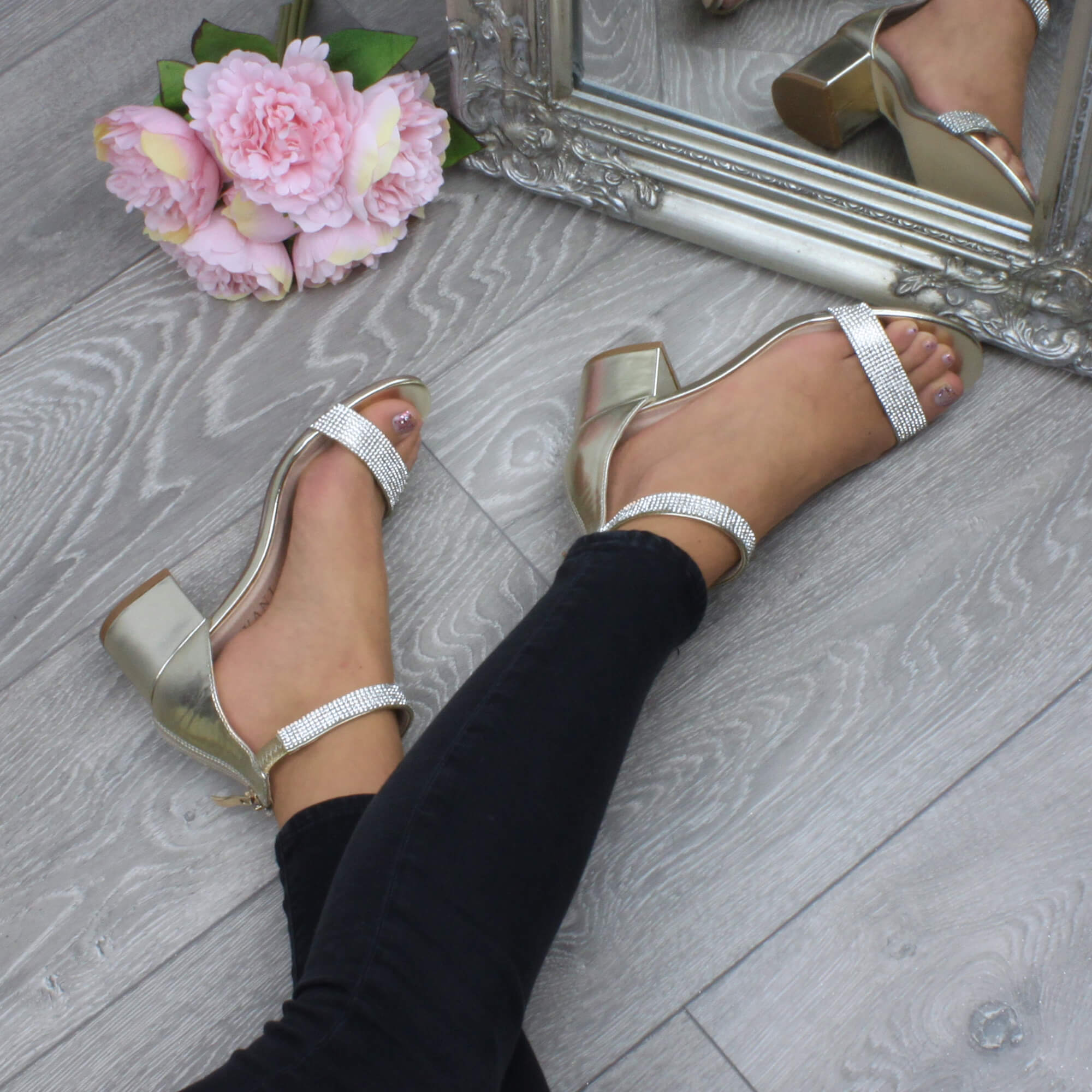 Gold AJVANI Gold Mid Block Heel Ankle Strap Sandals, Image 5 of 6