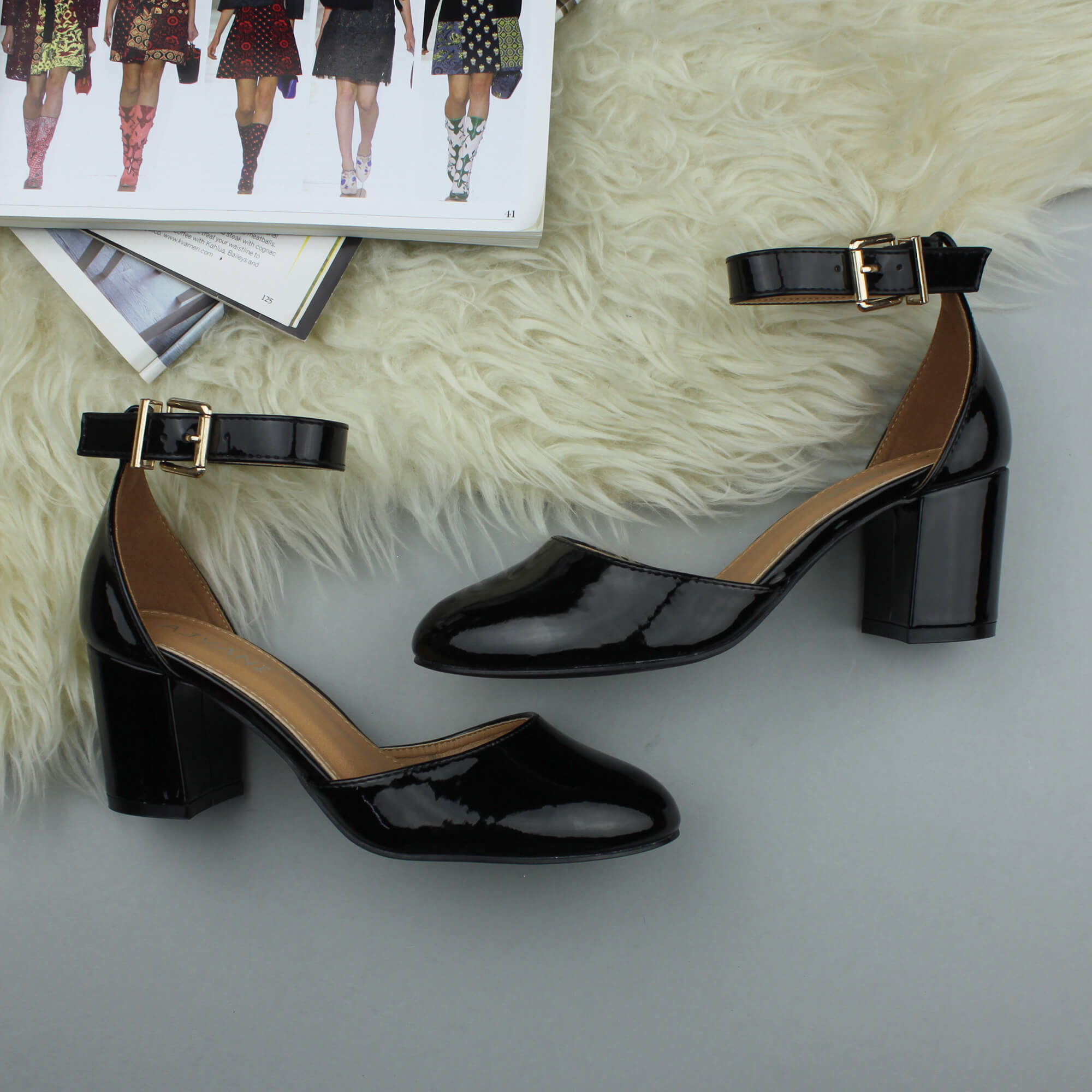 Black AJVANI Black Mid Block Heel Ankle Strap 2 Part Heels, Image 4 of 6