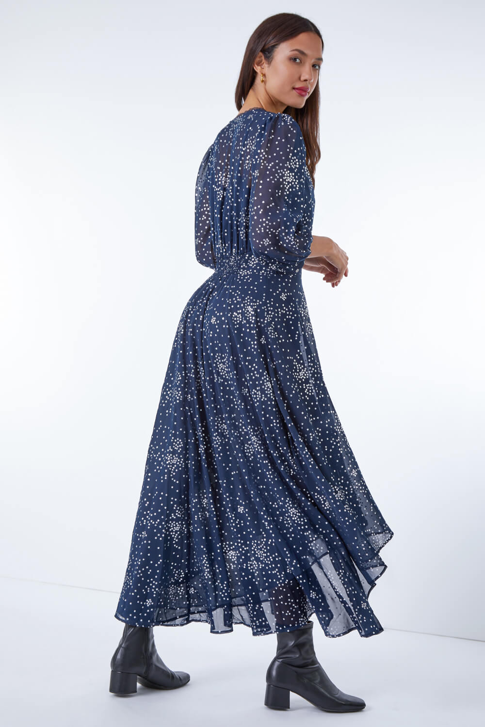 Navy Star Print High Low Hem Dress, Image 4 of 5