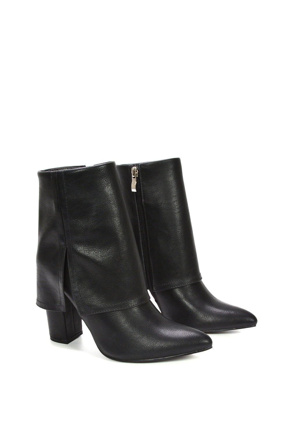 Black 'Ayla' Fold Over Ankle Boots Layered Point Toe Block Heel Booties, Image 5 of 6