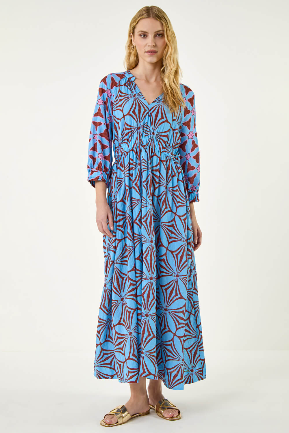 Blue Abstract Print V-Neck Maxi Dress, Image 3 of 5