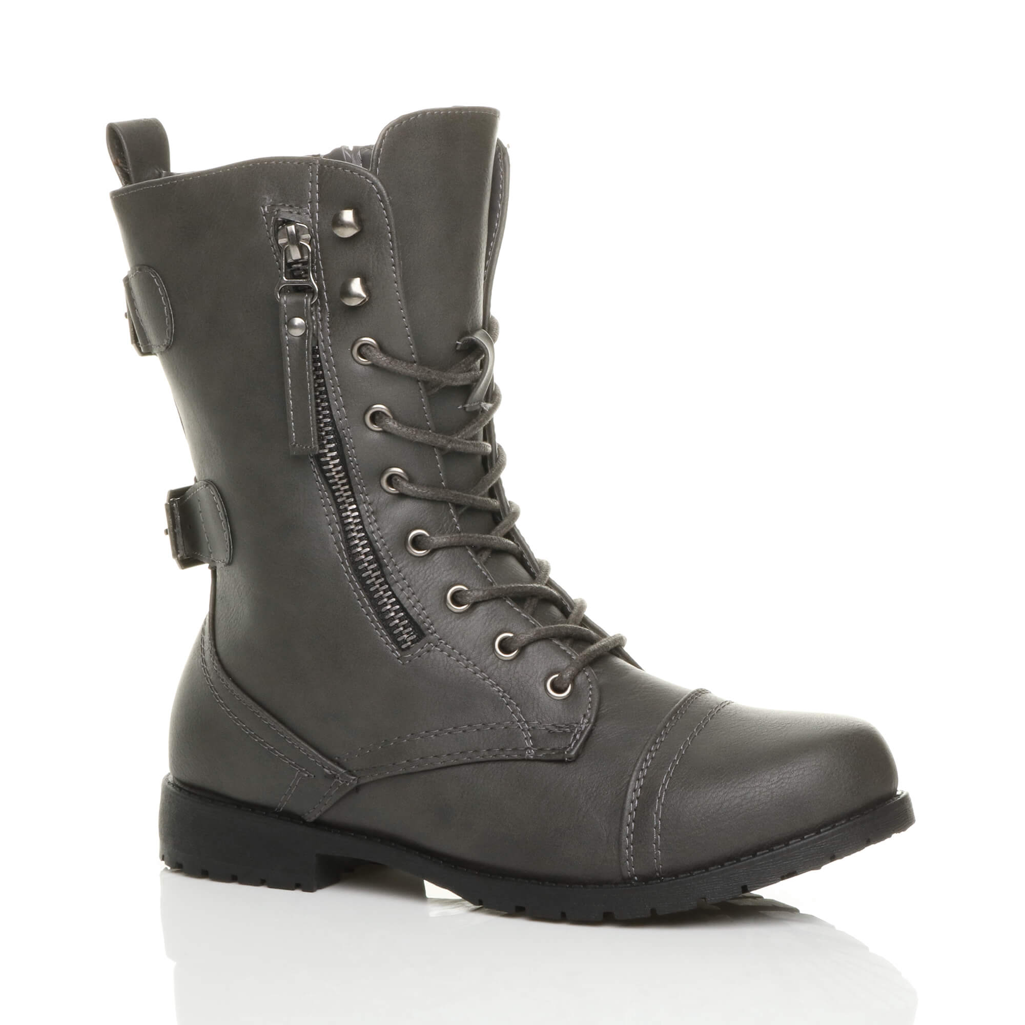 Black Lace Up Zips Military Biker Ankle Boots