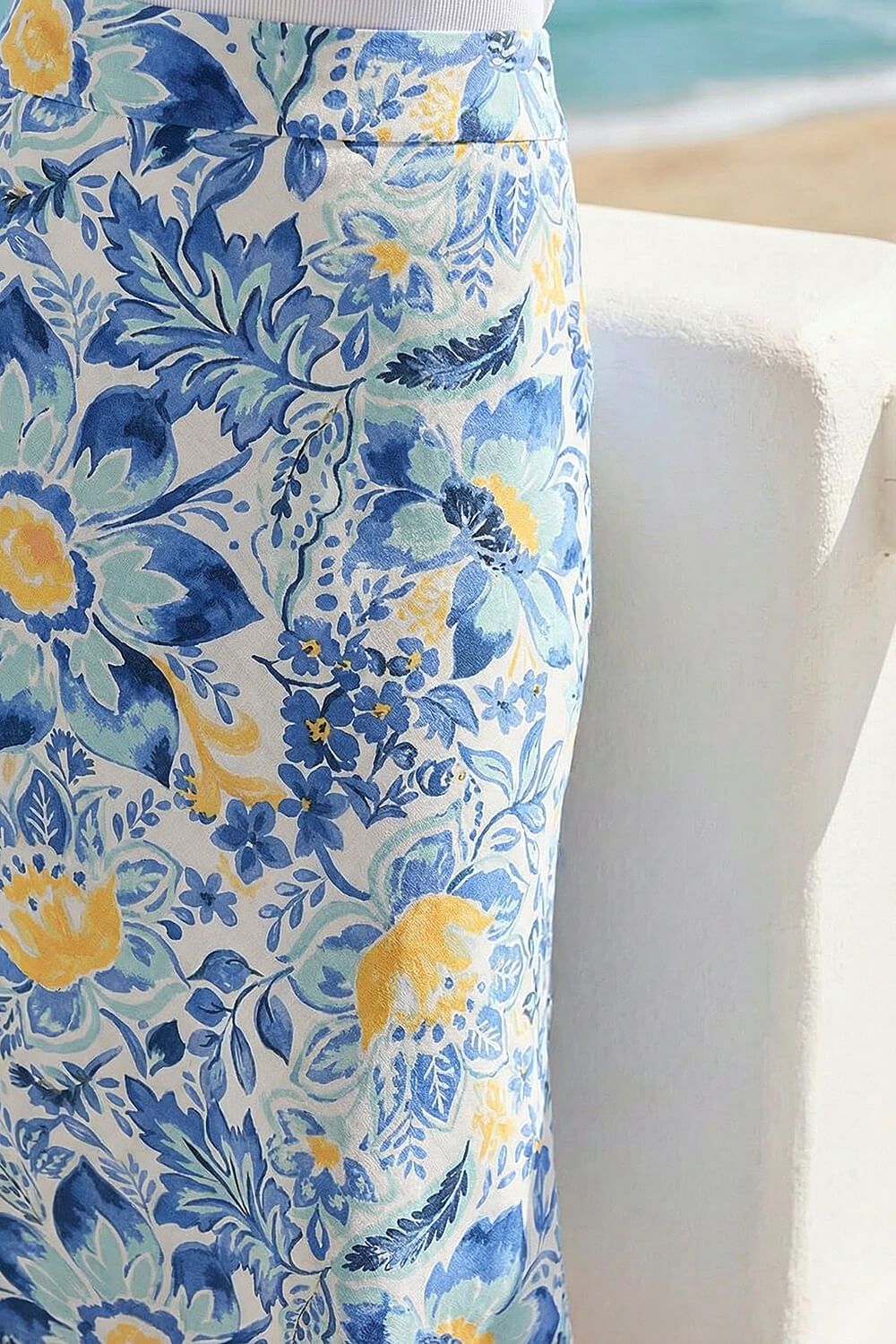 Blue Floral Print Stretch Midi Skirt , Image 5 of 4