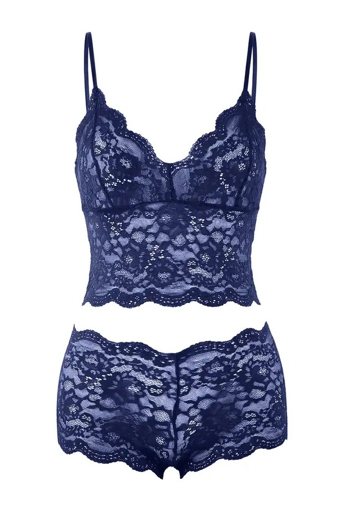 Navy Lace Trim 4-Piece Satin Robe and Nightwear Set, Image 3 of 4