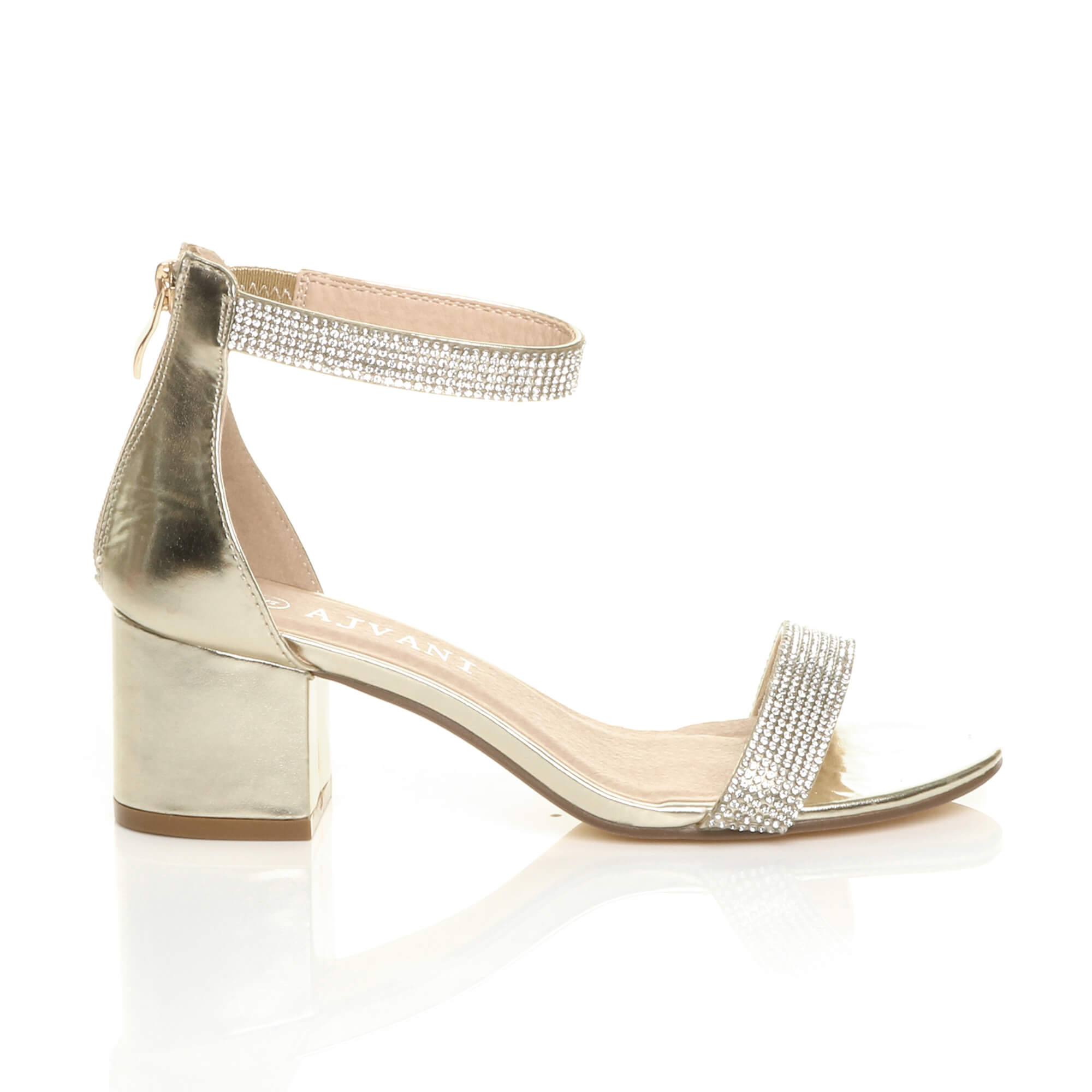 Gold AJVANI Gold Mid Block Heel Ankle Strap Sandals, Image 2 of 6