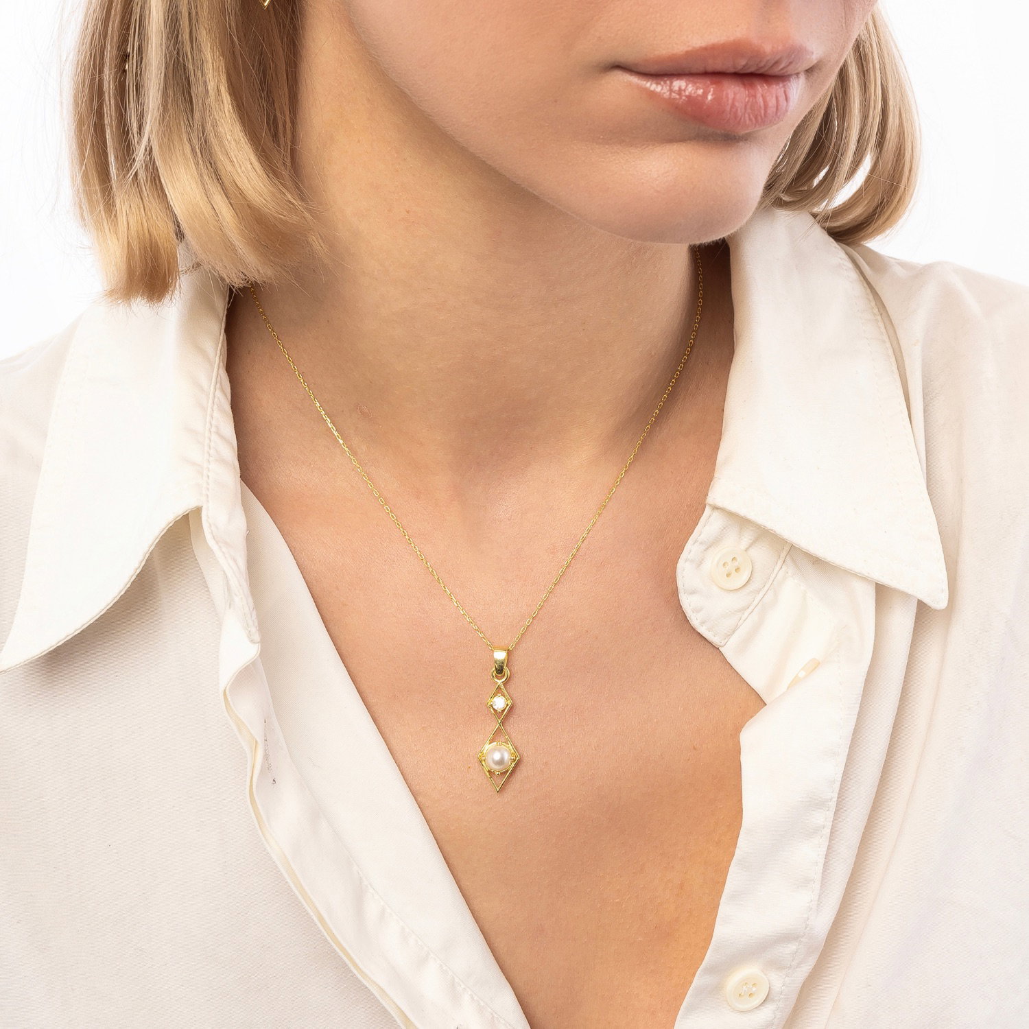 Gold Sterling Silver Rhombus 3D Pearl Necklace and Earring Set, Image 4 of 8