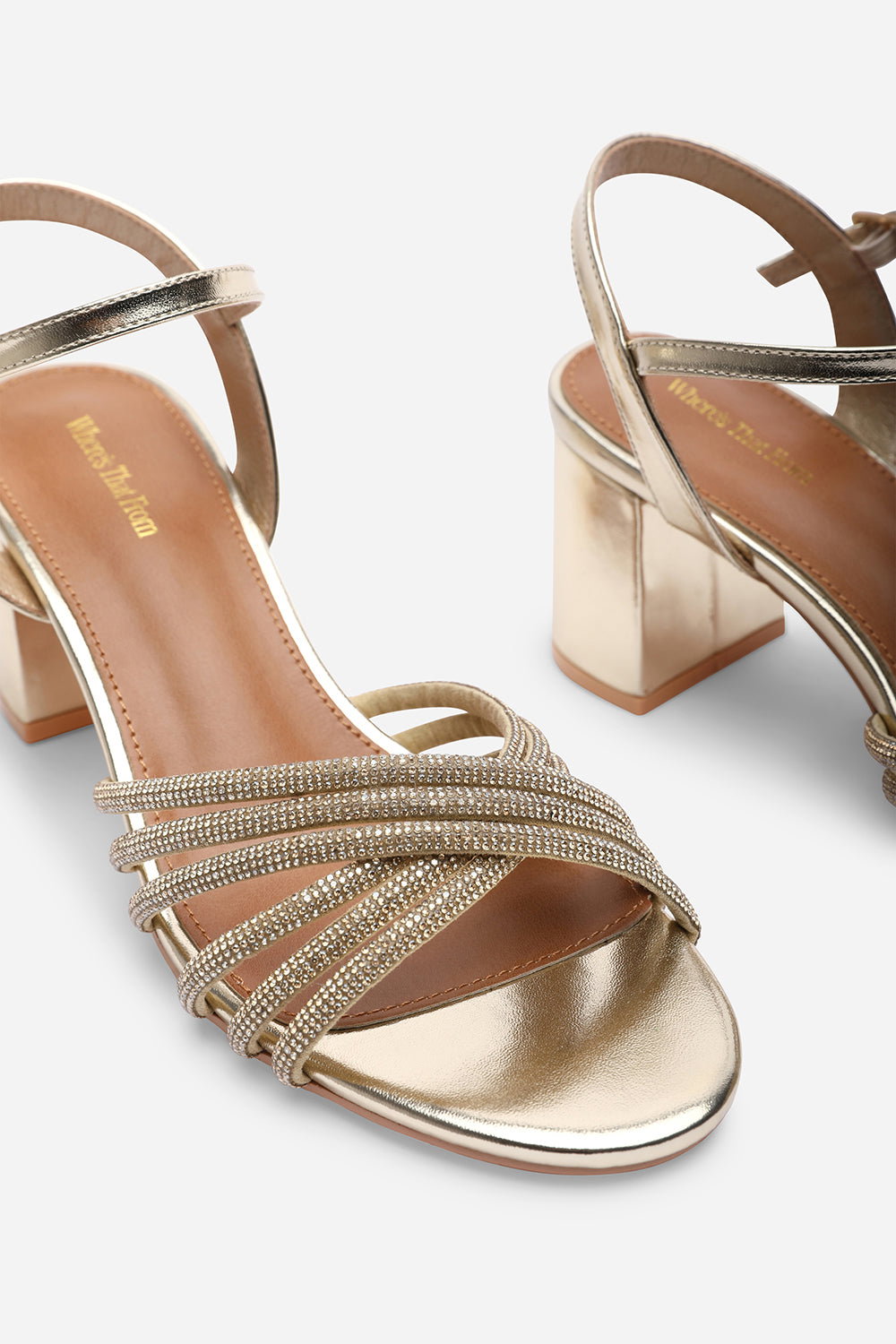 Gold Bellini Cross Over Diamante Strap Block Heel Sandals, Image 5 of 6