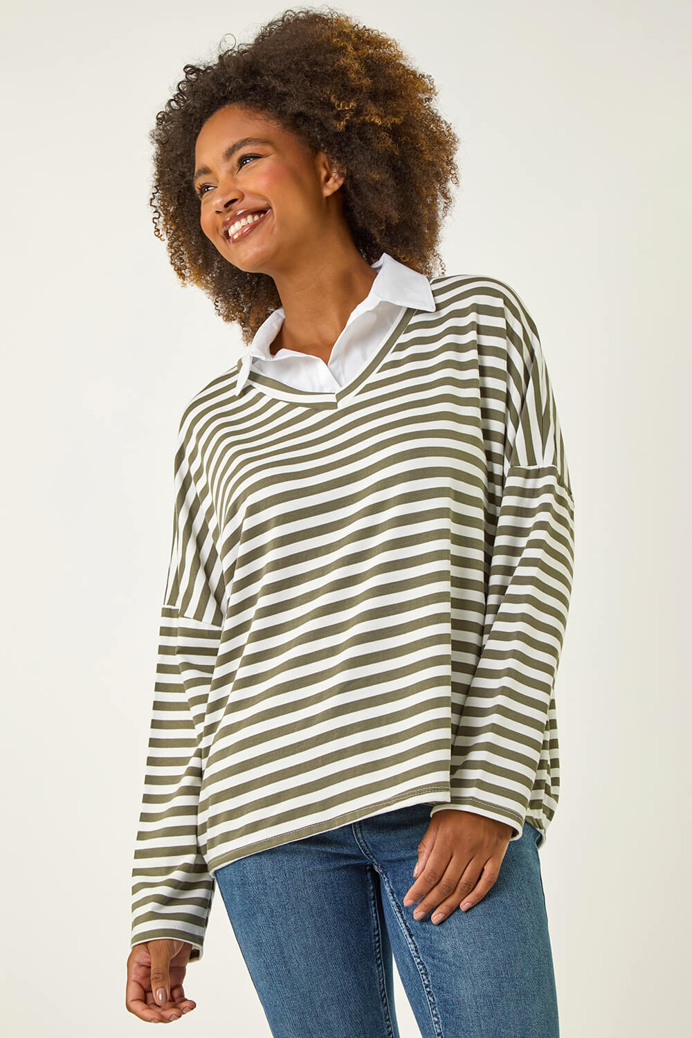 Khaki Stripe Mock Shirt Top, Image 5 of 5