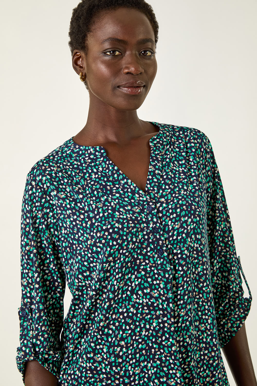 Green Abstract Puff Print Stretch Top, Image 5 of 5