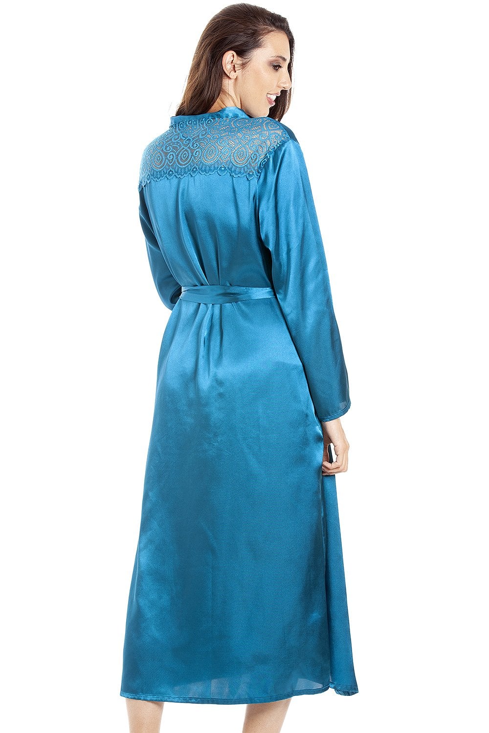 Teal Camille Lingerie Teal Full Length Long Sleeve Plain Satin Wrap, Image 2 of 5