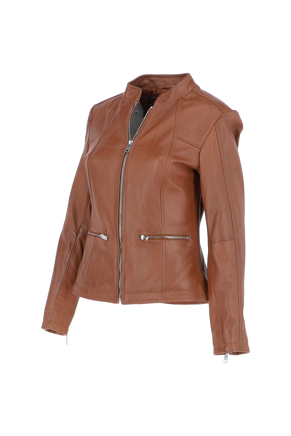 Tan 'Chiara' Mandarin Collar Real Leather Biker Jacket, Image 3 of 5