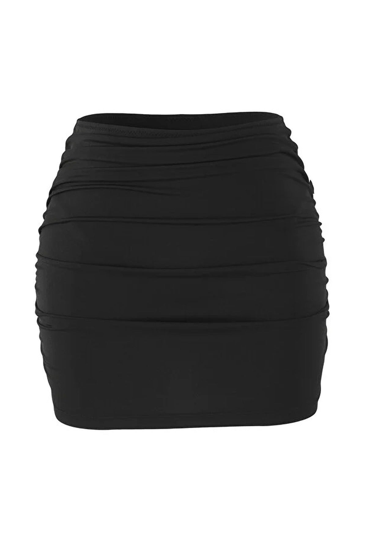 Black WOVCOR Black Ruched Draped High Waist Skirt Style Bikini Bottom with Shaping Fit, Image 3 of 4