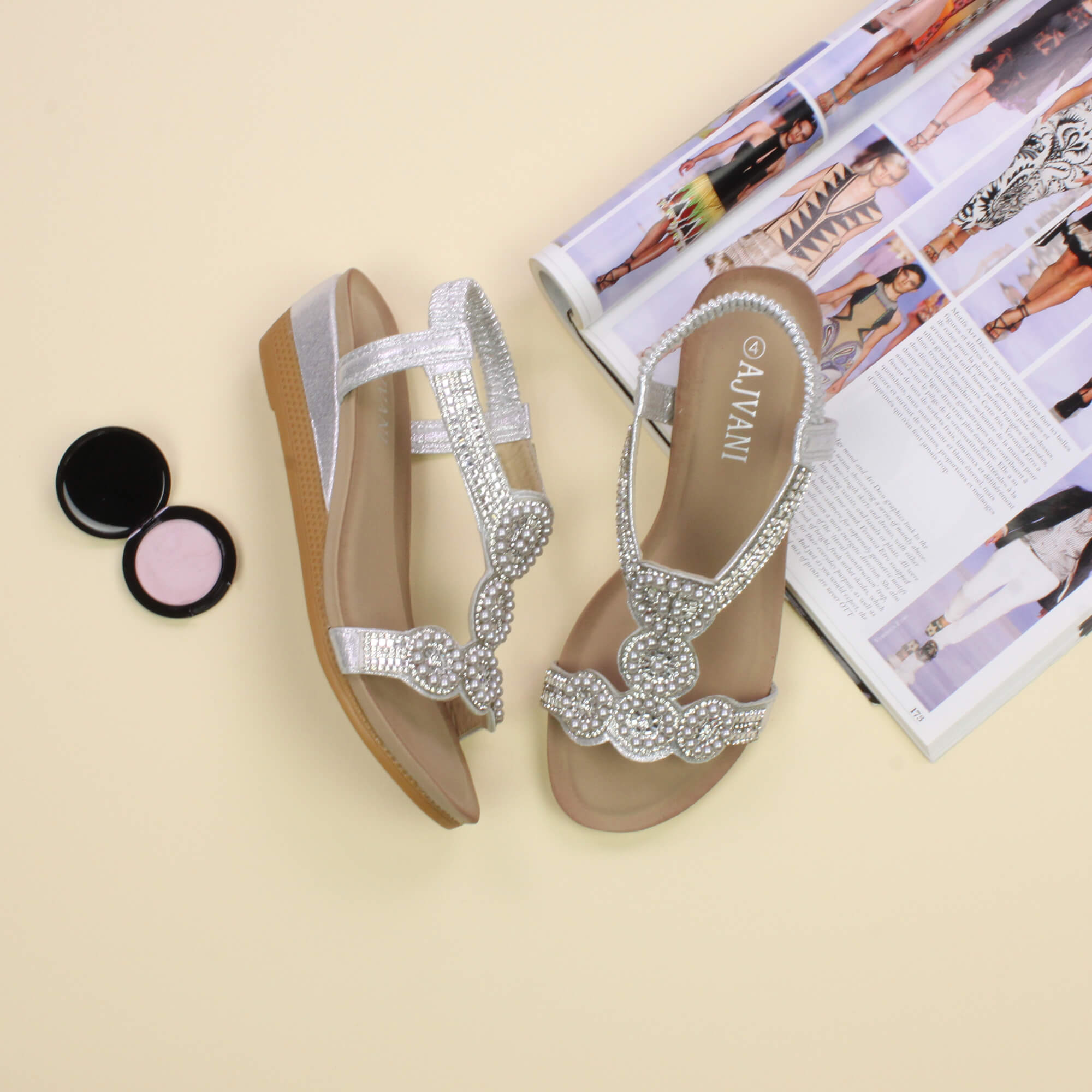 Silver AJVANI Silver Mid Wedge Diamante Slingback Sandals, Image 4 of 6