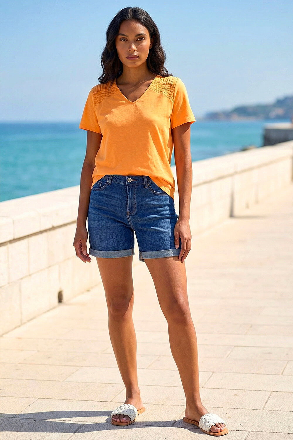 Orange Shirred Shoulder T-Shirt, Image 3 of 4