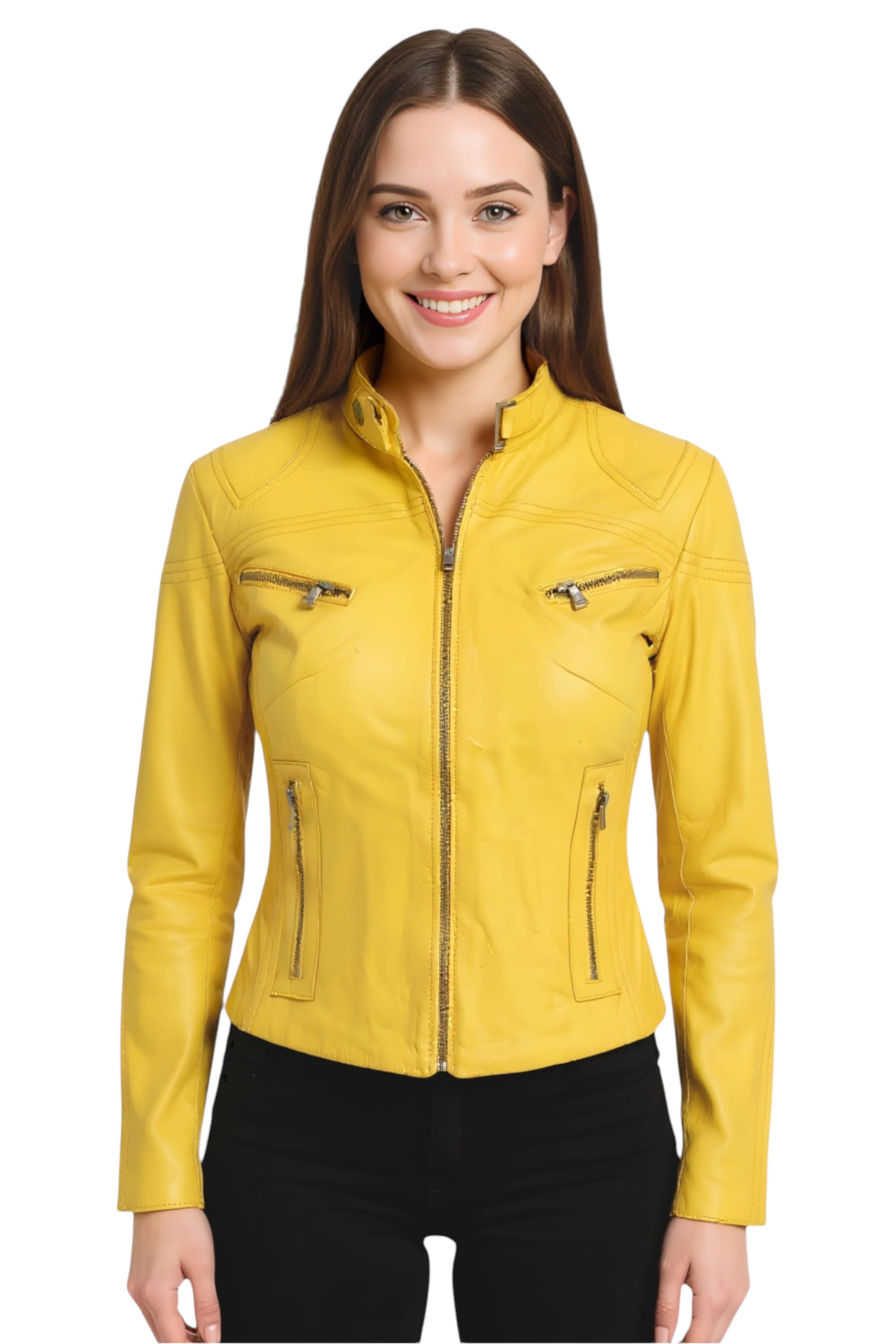 Yellow Slim-Fit Leather Biker Jacket-Tulsa, Image 1 of 7