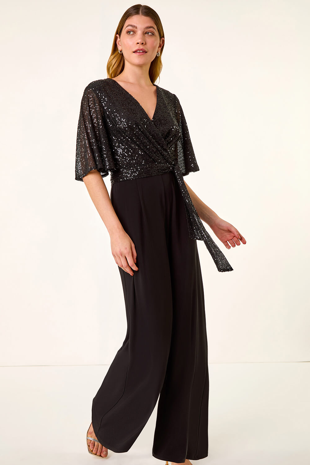 Black Sequin Flutter Sleeve Stretch Jumpsuit, Image 3 of 5