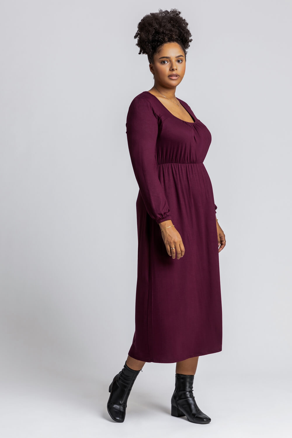 Aubergine Curve Long Sleeve Jersey Midi Dress, Image 4 of 4