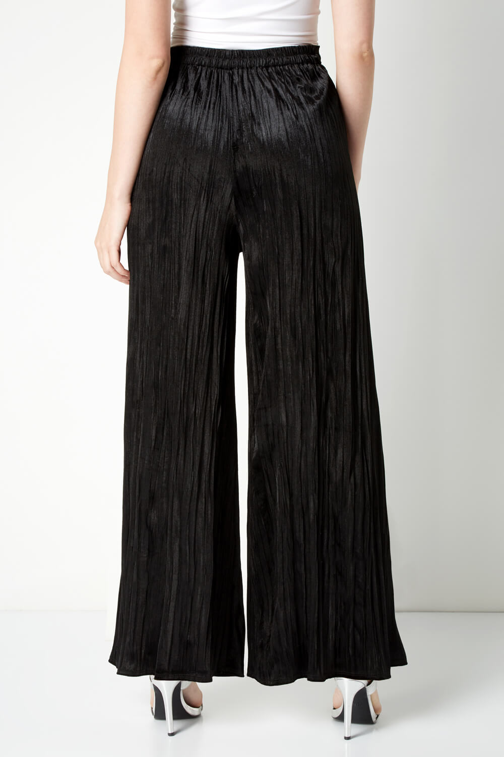 Black Crushed Velour Palazzo Trousers, Image 3 of 4