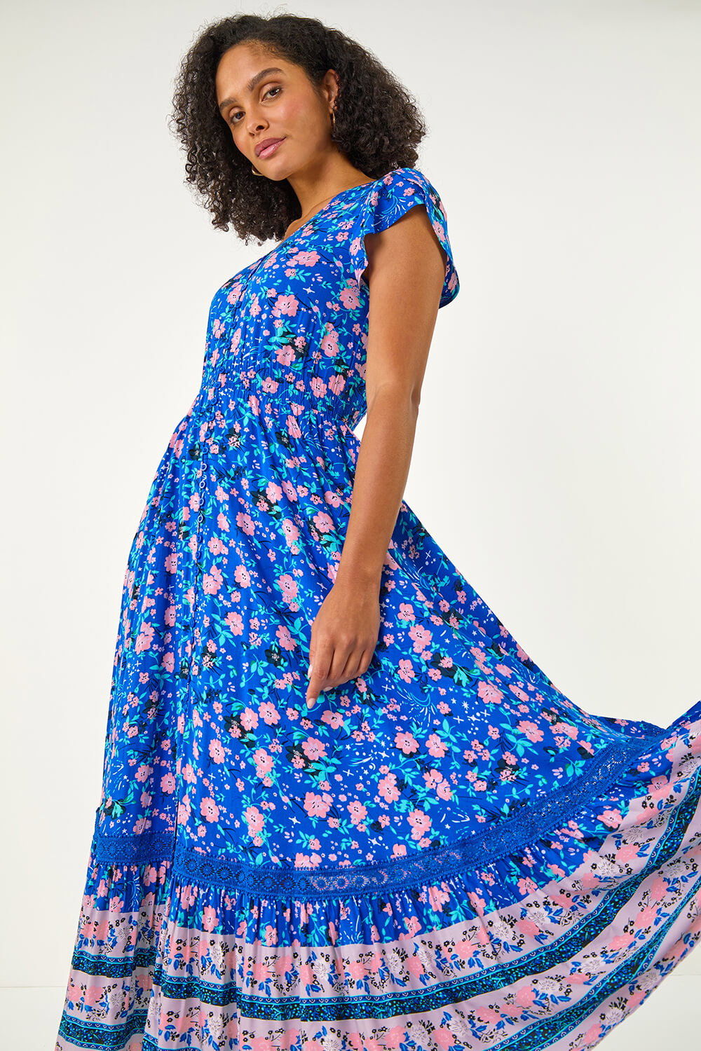 devil in a blue dress themes Calina Tiered Midi Dress — Ivory & Blue Floral