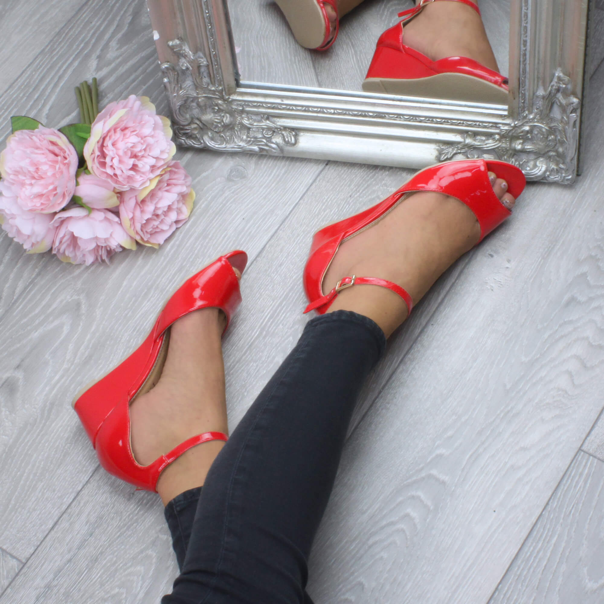 Red AJVANI Red Mid Wedge Heel Ankle Strap Sandals, Image 5 of 6