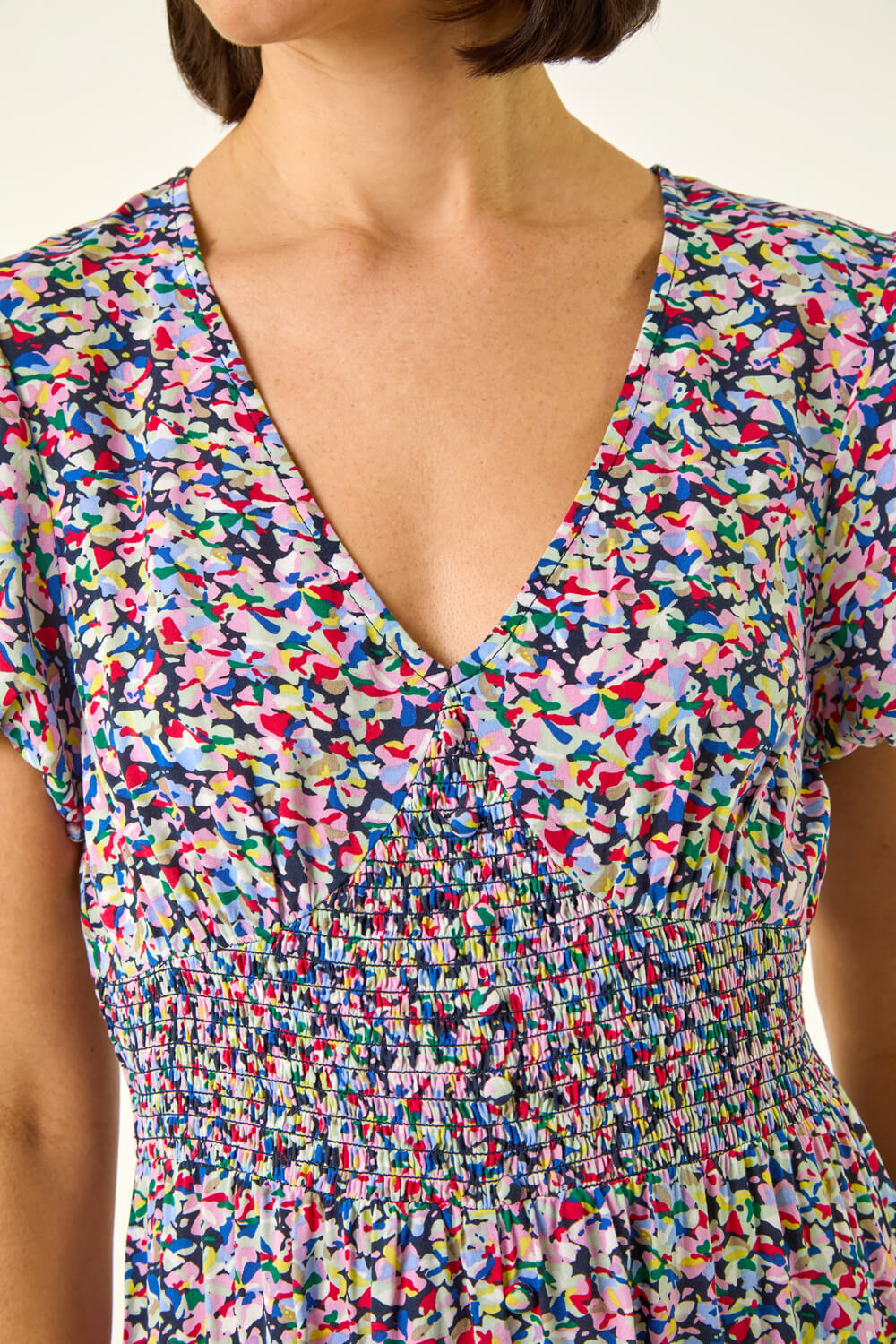 PINK Abstract Print Shirred Midi Dress, Image 6 of 5