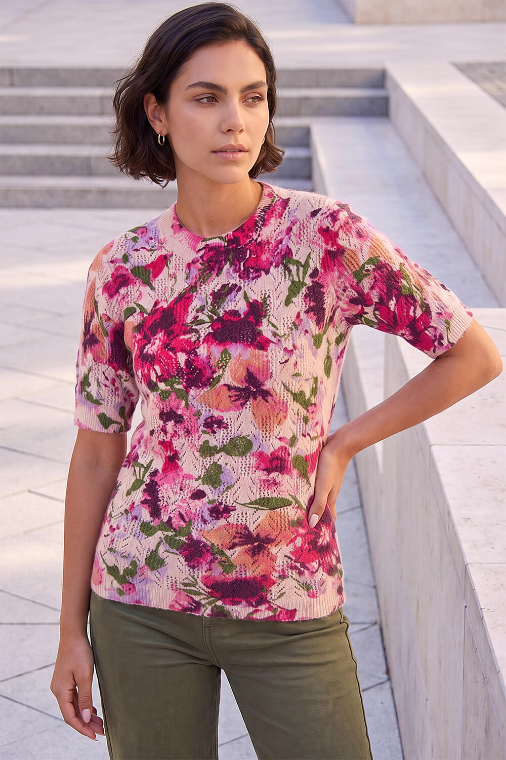Roman Women's Pink Floral Pointelle Short Sleeve Knit Size 16
