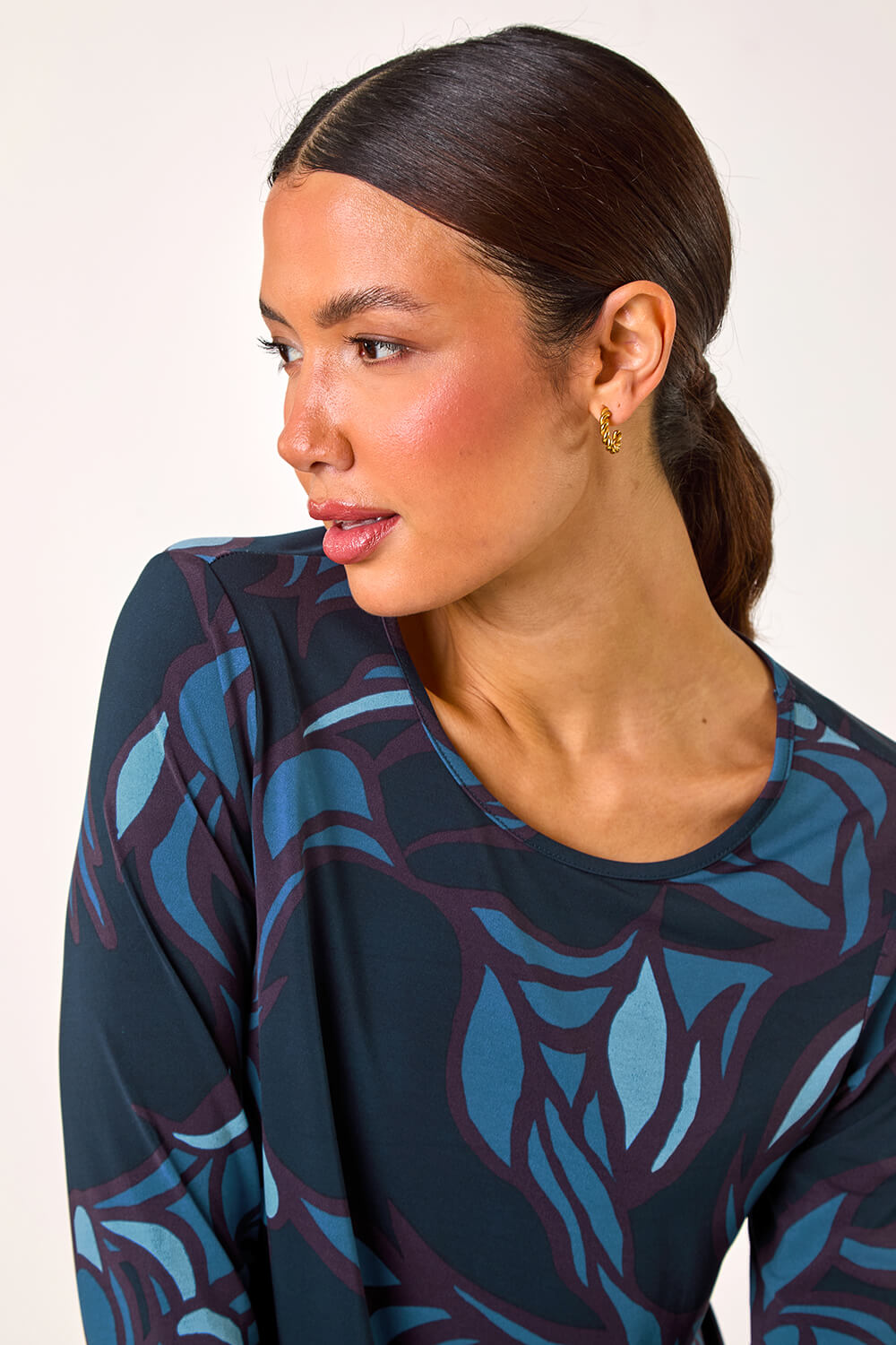 Blue Floral Print Chiffon Hem Top, Image 5 of 5