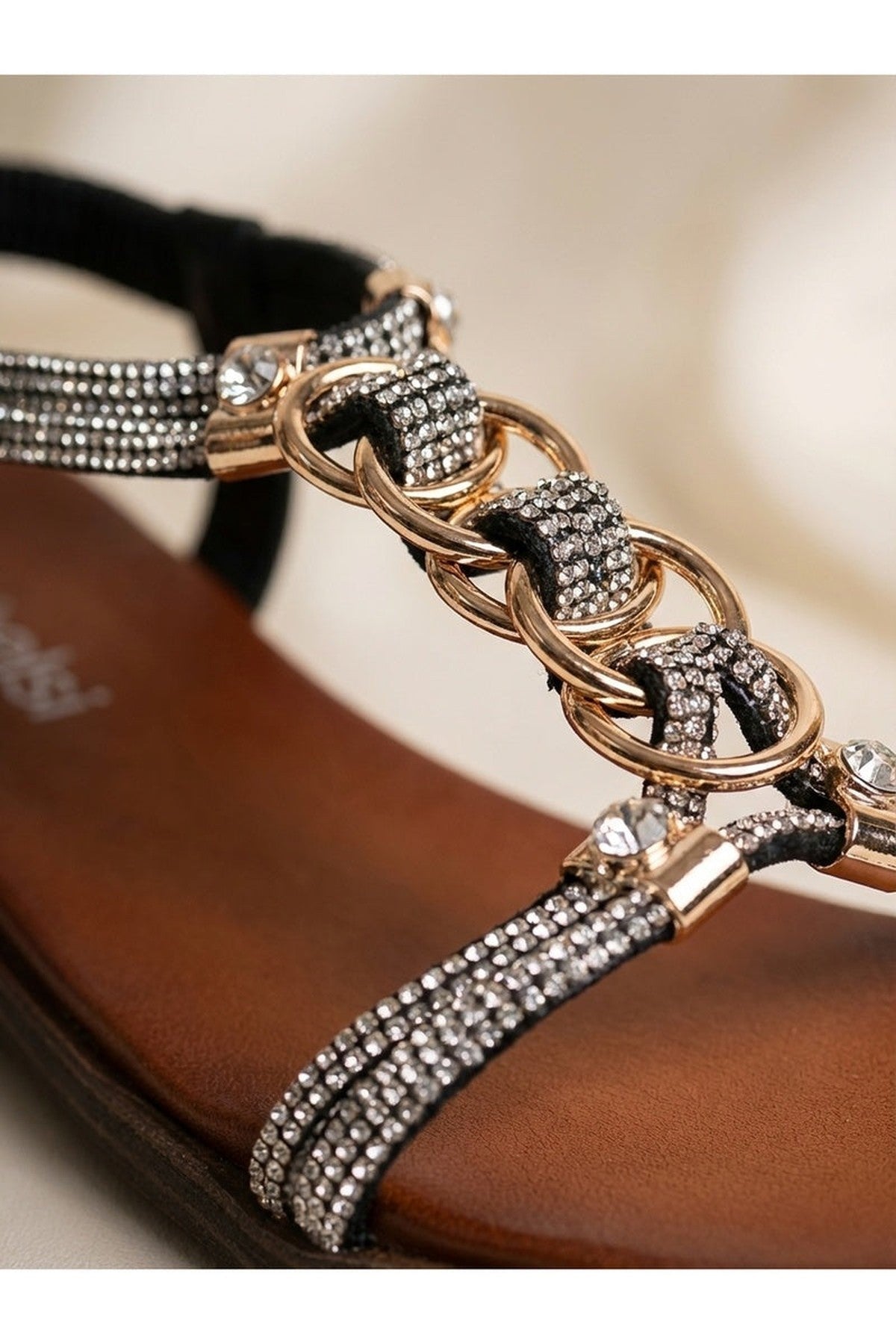Black iKrush Black Grace Rhinestone Chain Flat Sandals, Image 6 of 8