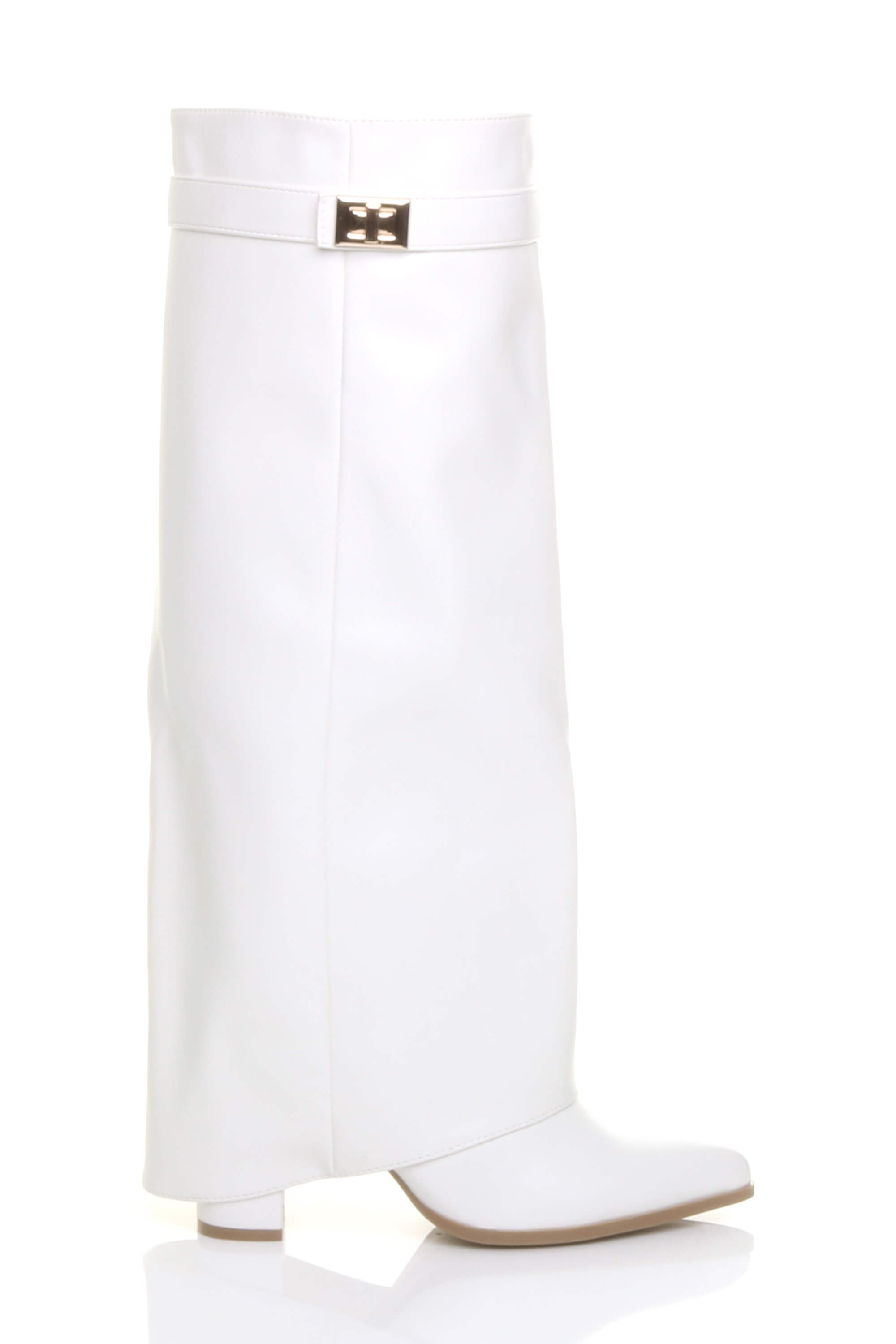 White AJVANI White High Block Heel Pointed Toe Fold Over Knee Boots, Image 1 of 4