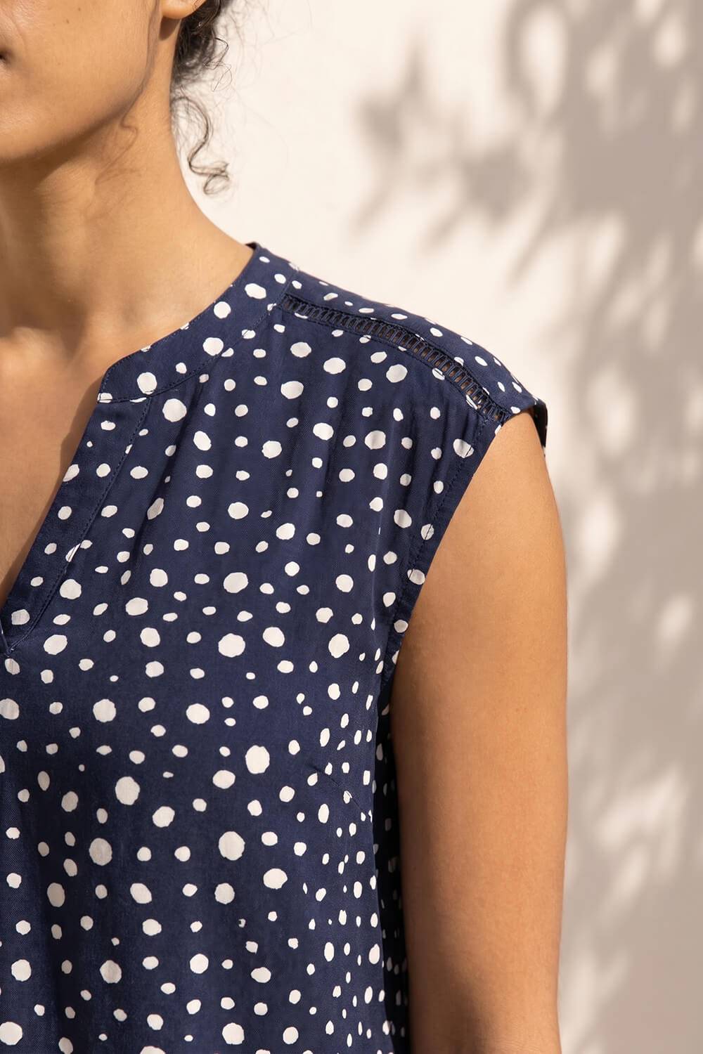 Navy Polka Dot Print Stretch Top, Image 5 of 4