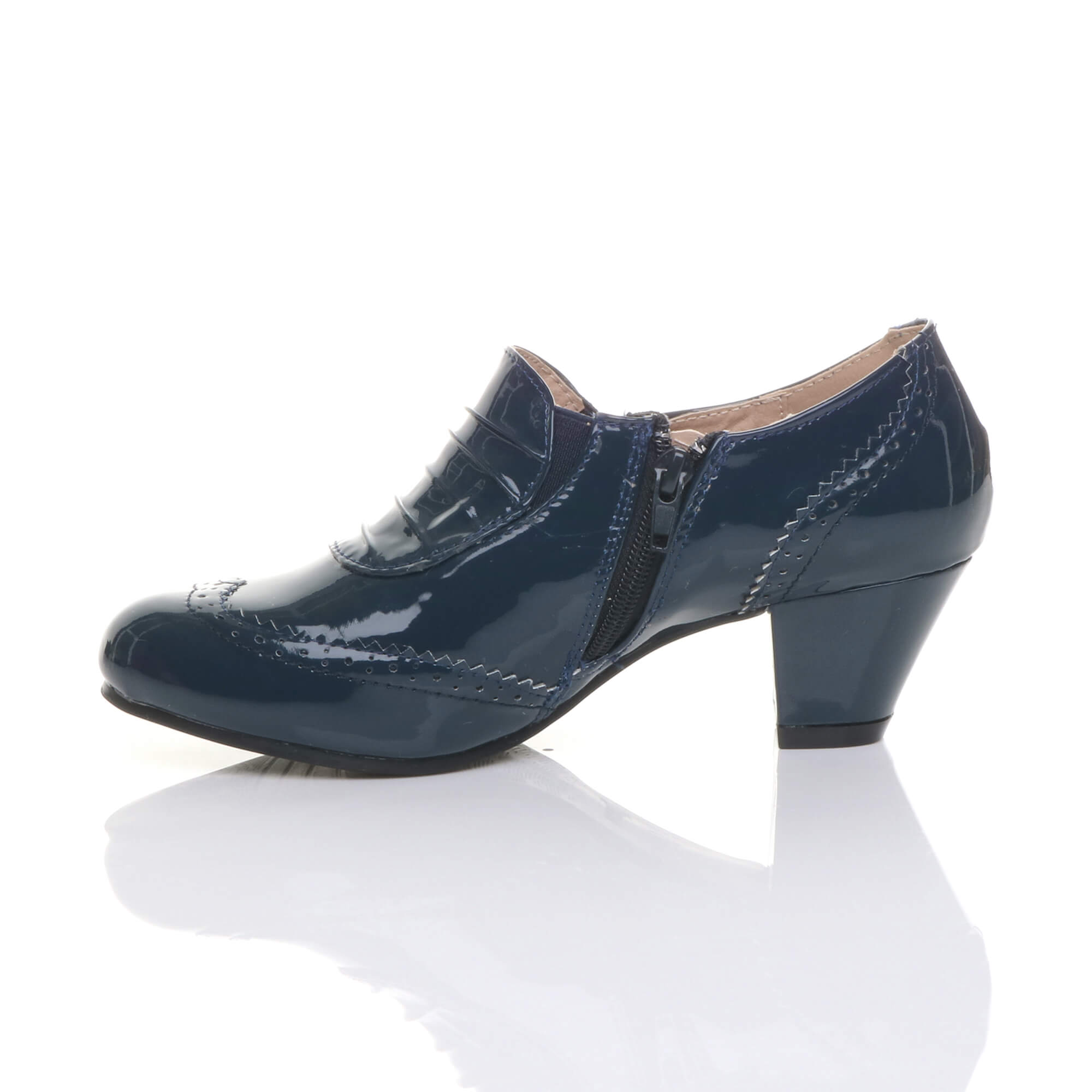 Navy Blue AJVANI Navy Blue Mid Cuban Heel Brogue Button Ankle Boots, Image 3 of 6