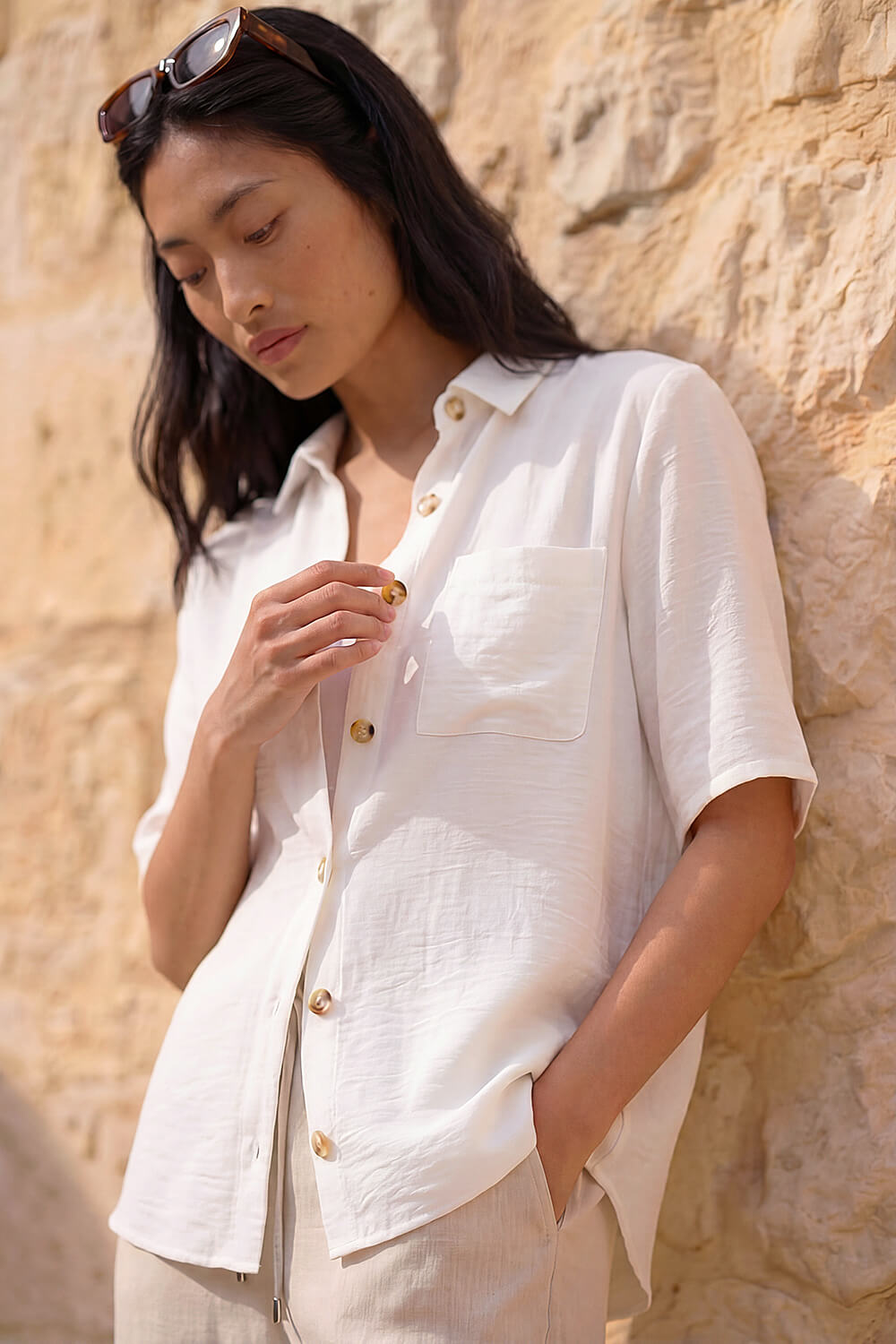 White Petite Button Up Pocket Shirt, Image 1 of 4