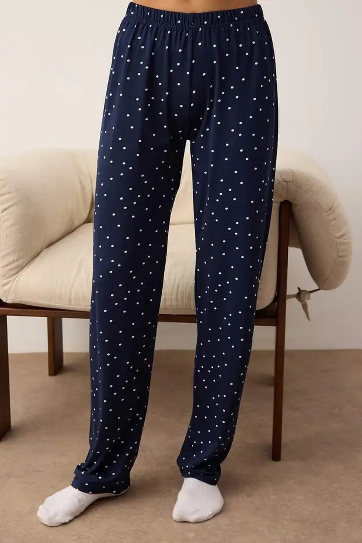 Navy Teddy Bear Applique Polka Dot Knitted Long Sleeve Pyjama Set, Image 3 of 3
