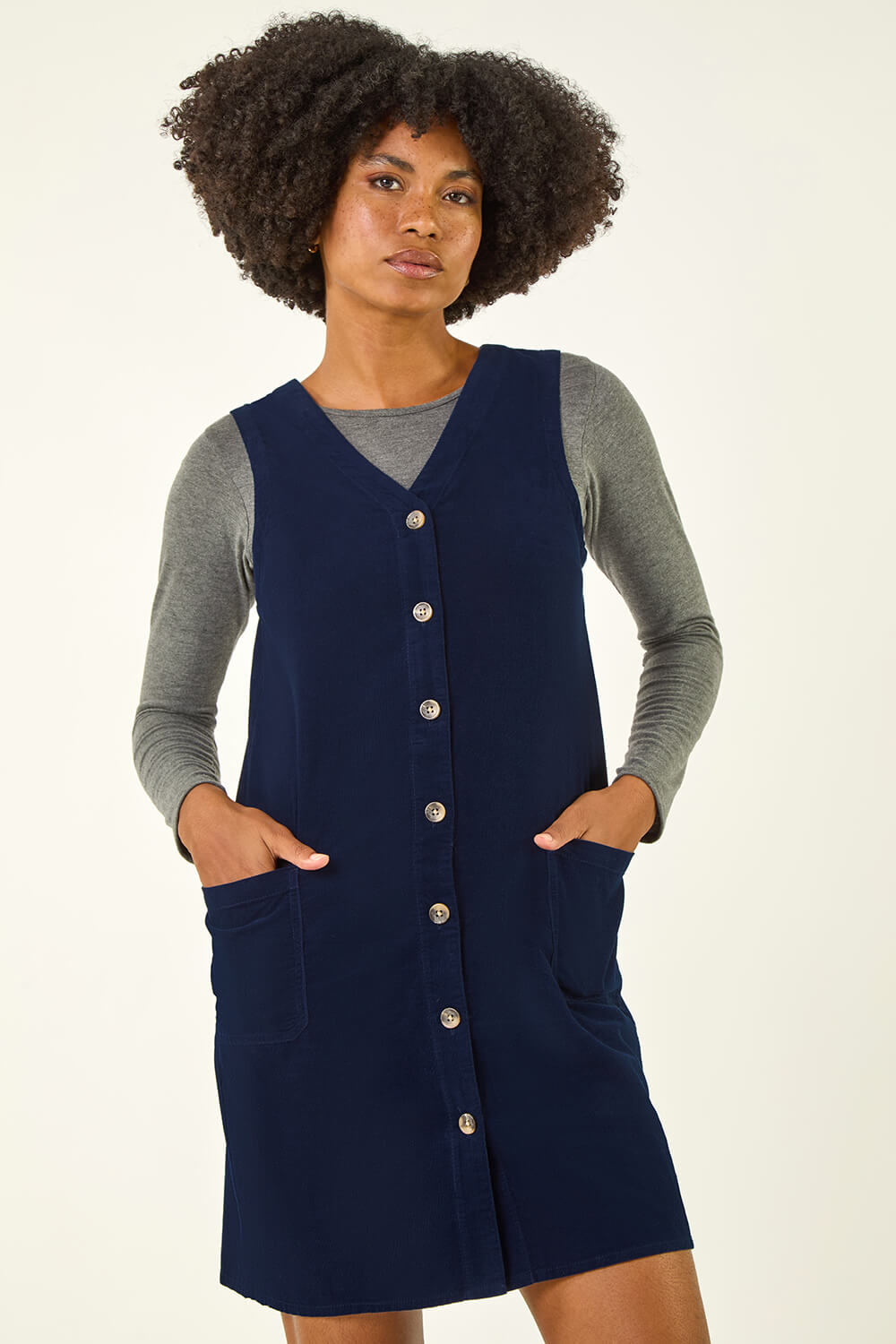 Roman Women's Navy Cotton V-Neck Button Pocket Dress Size 16
