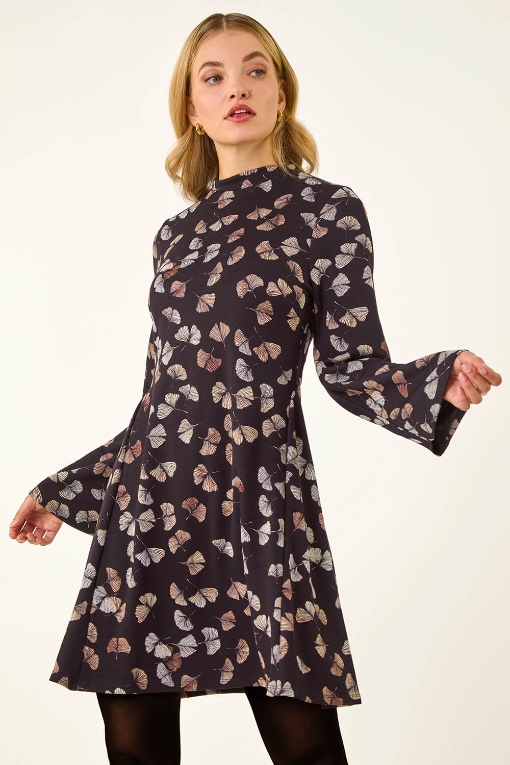 Black Dusk Leaf Godet Hem Dress, Image 1 of 4