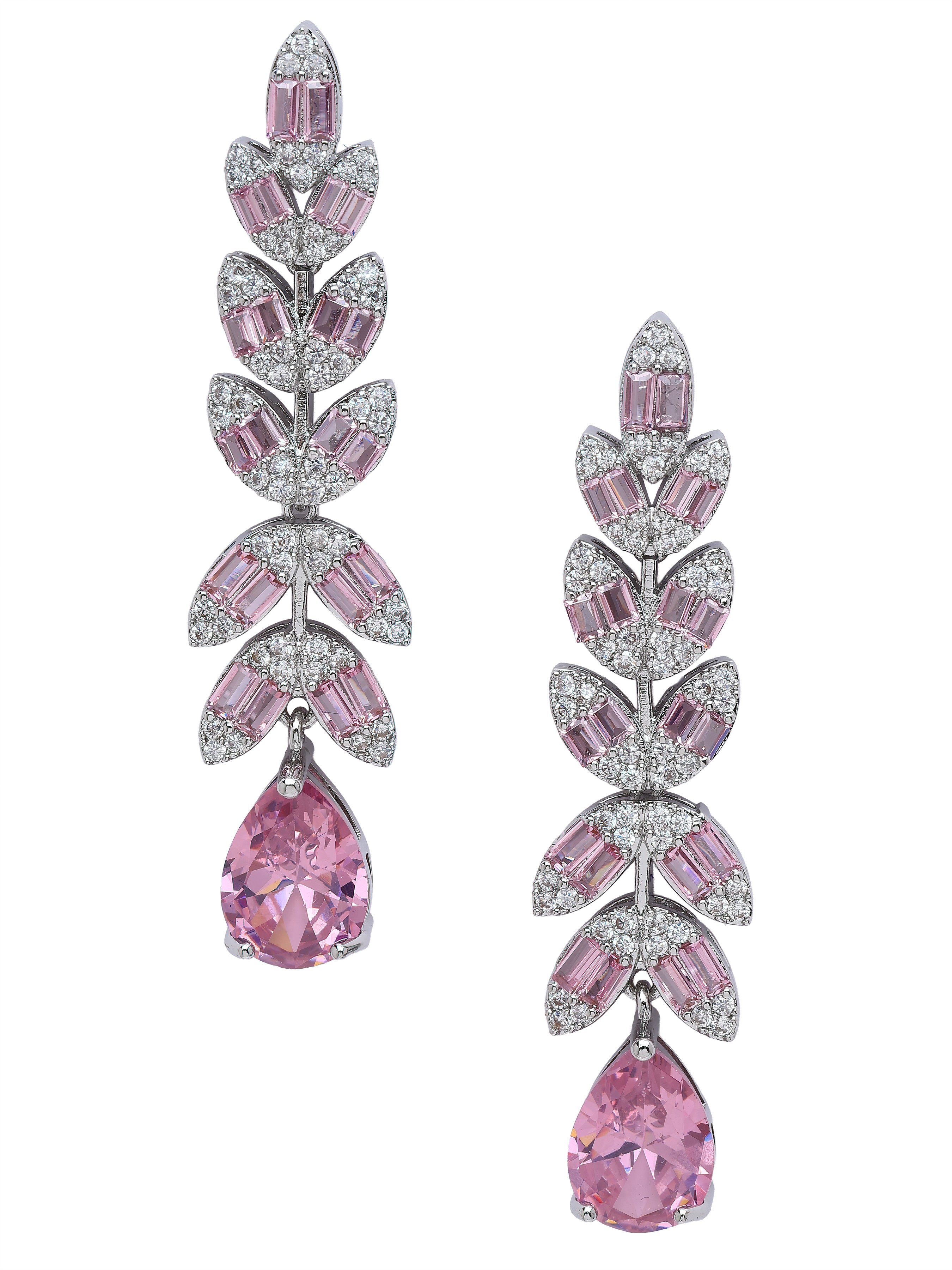 Pink Leaf Baguette Waterfall Statement Earrings